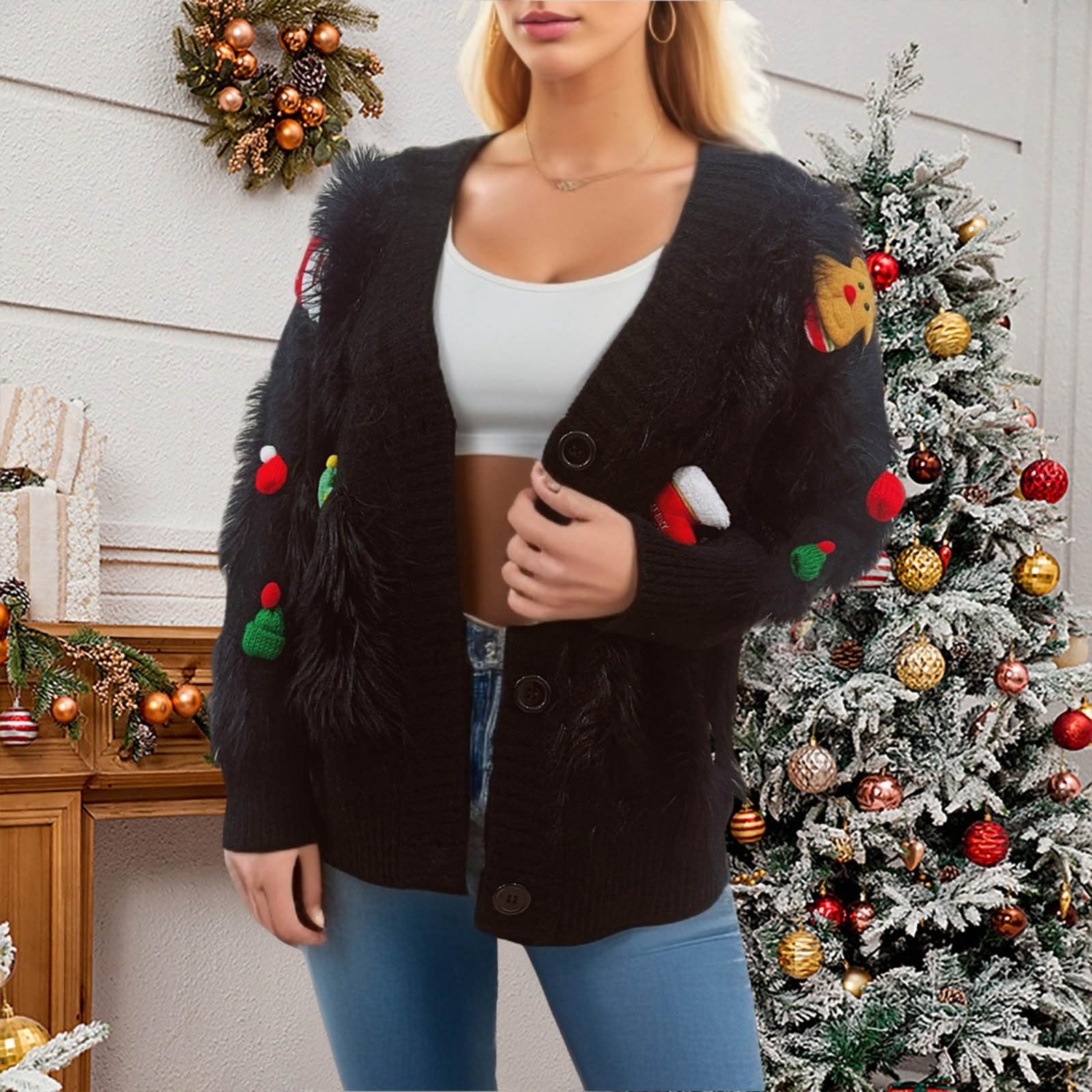 Generisch Chaqueta de punto para mujer, suéter navideño con decoración de tres botonaduras, cárdigan, suéter navideño