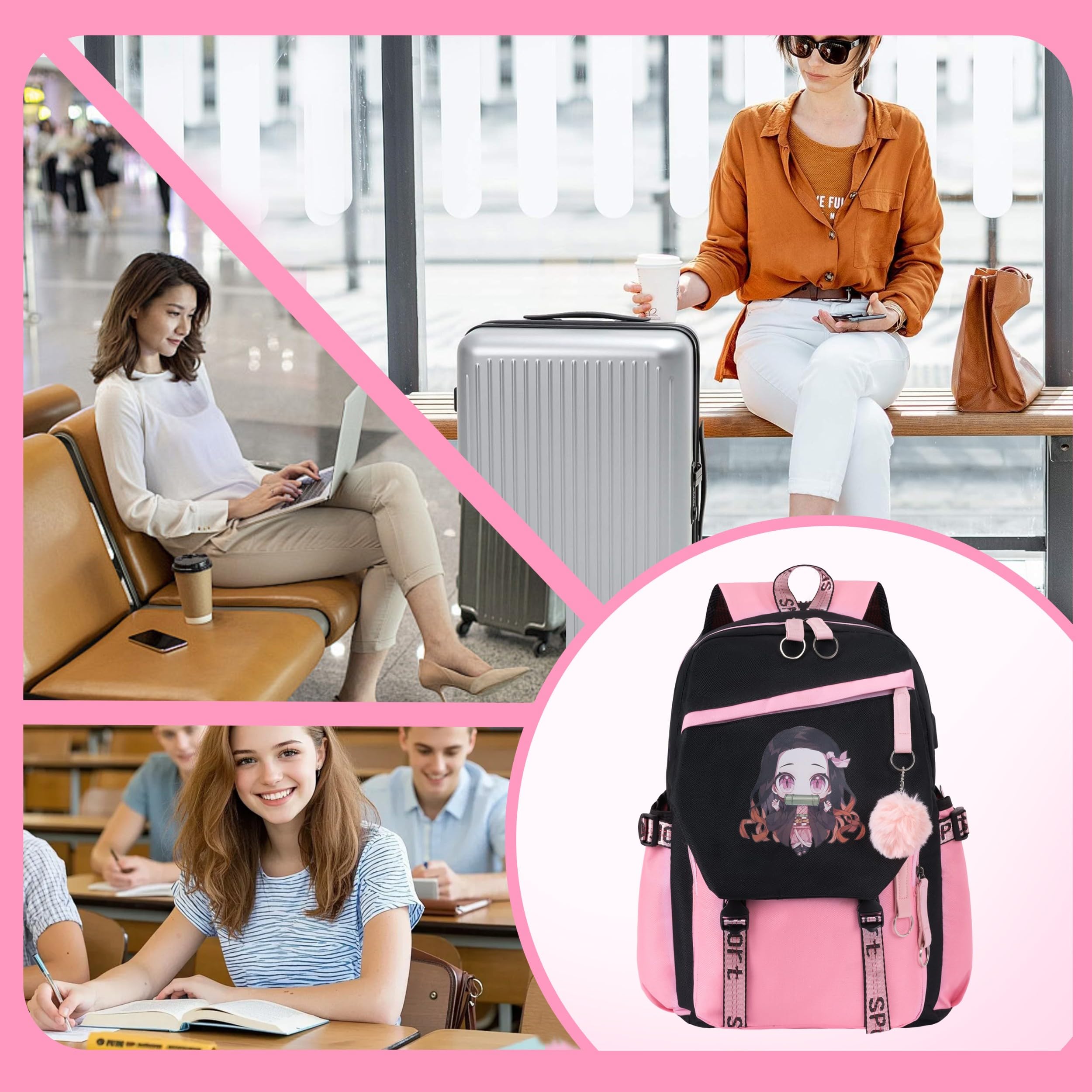 Roffatide Sac à dos Anime School pour filles et garçons avec port de recharge USB et port pour écouteurs
