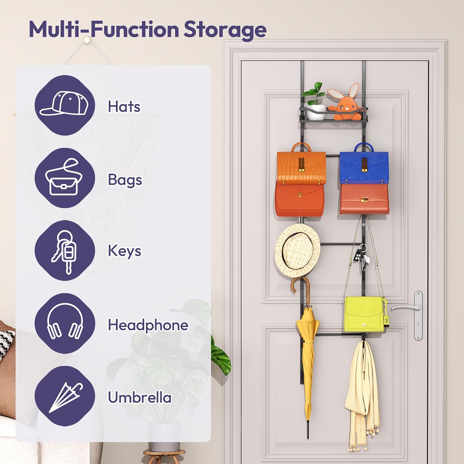 SWTYMIKI Over The Door Purse Organizer - Wall Mounted Purse Rack with 16 Hooks and Metal Basket, Hanging Handbag Storage Organizer Holds up to 16 Bags, Bag Rack Can Use As 1/2 Part, for Door, Closet - Image 4