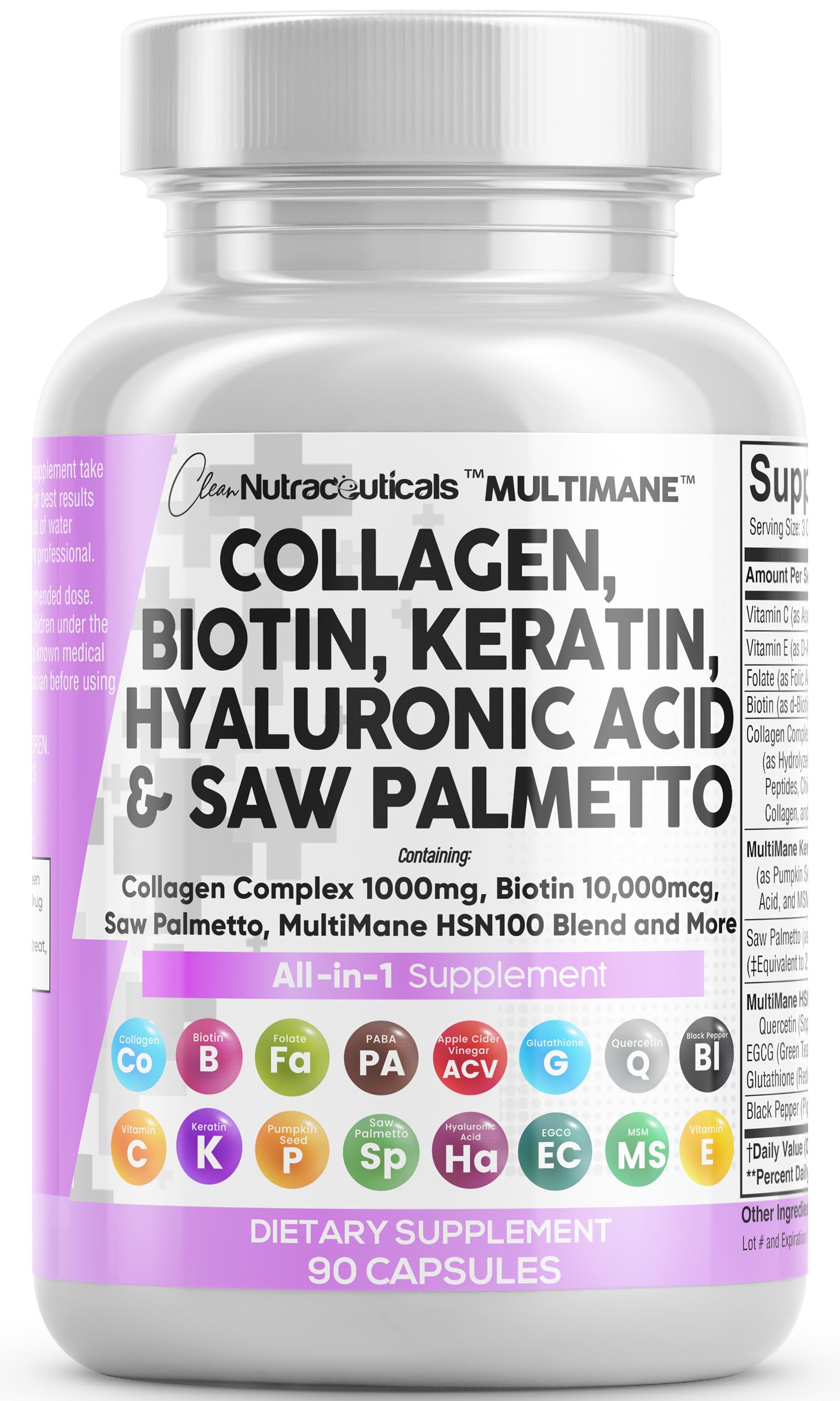 Clean Nutraceuticals Collagen Pills 1000mg Biotin 10000mcg Keratin Saw Palmetto Hyaluronic Acid - Hair Skin & Nails Vitamins & DHT Blocker with Vitamin E Folic Acid Pumpkin Seed MSM - 90 CountClean Nutraceuticals Collagen Pills 1000mg Bio…