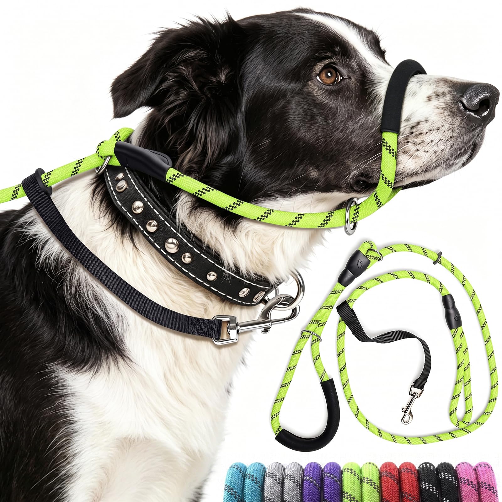 Figure of 8 Dog Lead for Medium, Large Dog, Nose Pad & Reflective, Green