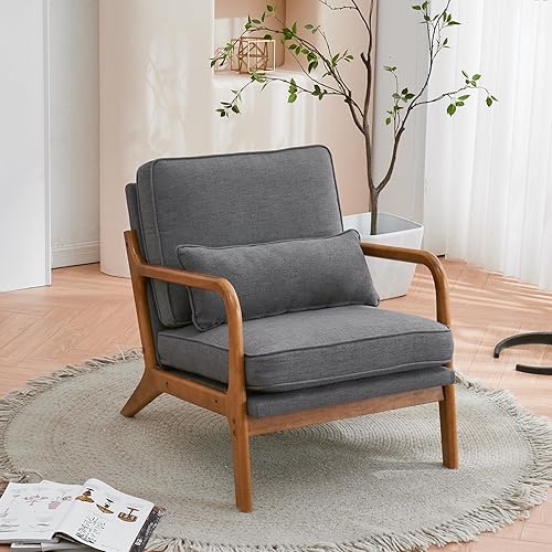 Miniatura 7 de BIVVI Modern Accent Chair Armchair with Oak Armrest, Upholstered Single Lounge Chair Comfy Linen Reading Vanity Living Room Chairs Sofa Chair,Indoor
