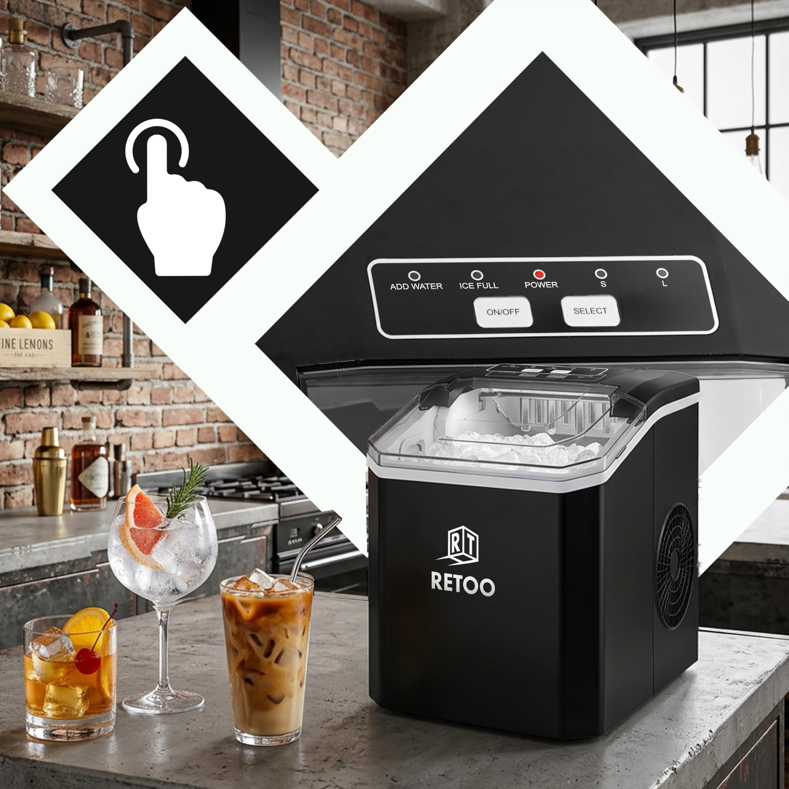 Retoo Eiswürfelmaschine 12 kg/24h, 9 Eiswürfel/6–12 Min | Selbstreinigung, 1,5 l , 2 Eisgrößen, Display, Wasserstandsanzeige, 0,7 kg Eisbehälter, 120 W