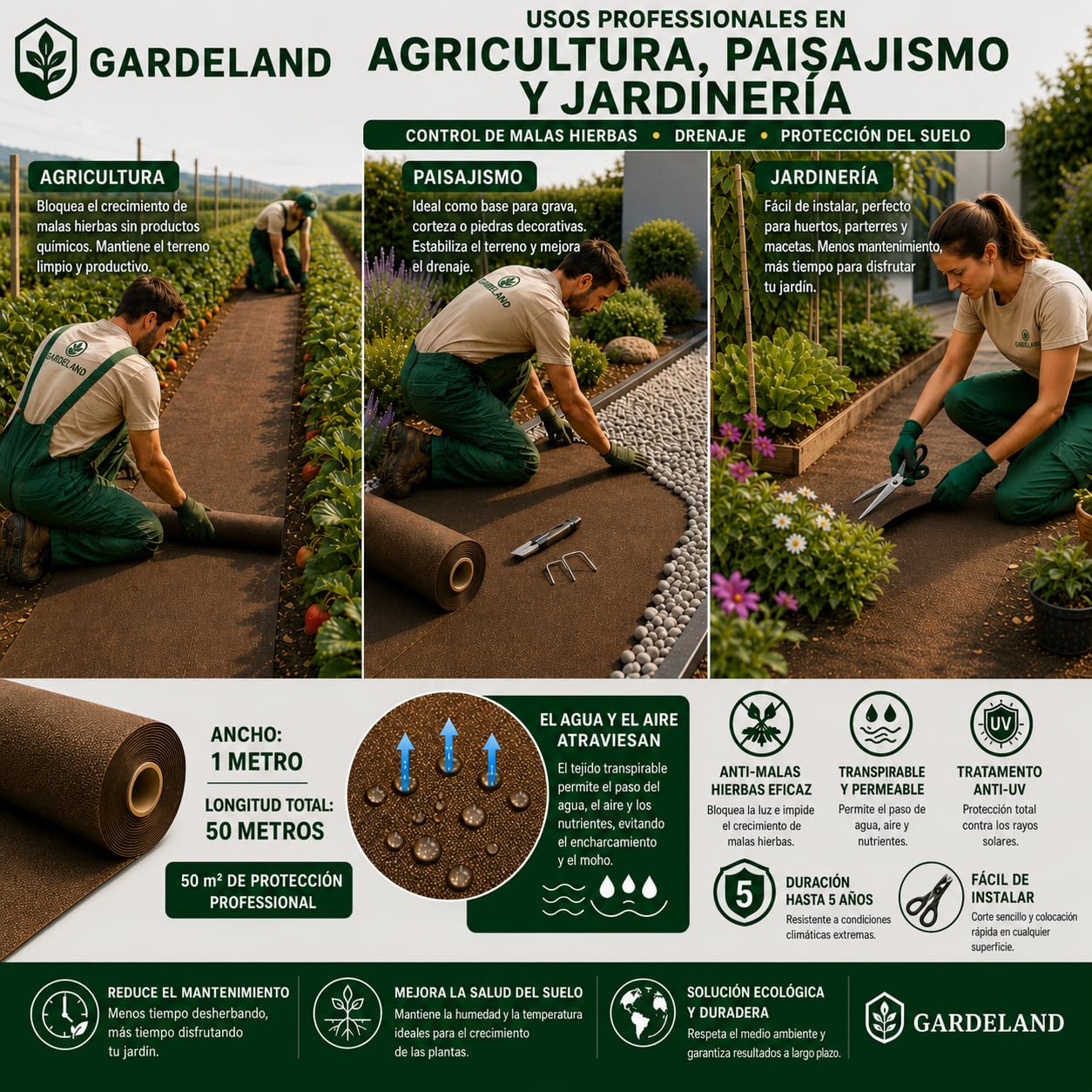 Malla Antihierbas Marron Tela Antihierbas Jardin - Premium 5 AÑOS a la Intemperie - Tratamiento UV - Rollo de 50 Metros x 1 Metro - 90 gr/m2, Geotextil, NO DESHILACHA al Corte, Made in EU