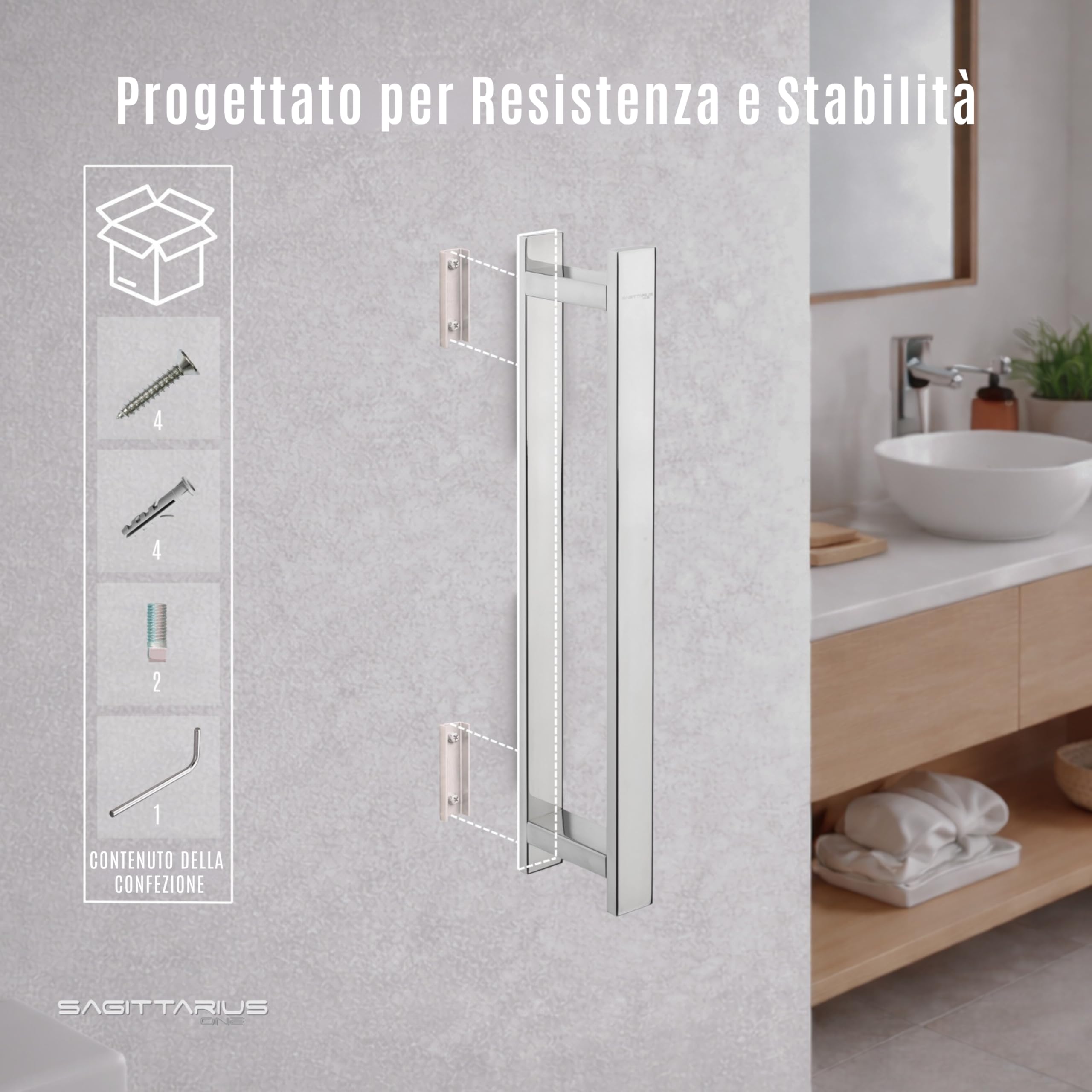 400S1 Porta Asciugamani Muro 40cm Acciaio Inox SUS 304 Antiruggine Design Moderno Bagno - Finitura Lucida - Porta Asciugamani Adesivo