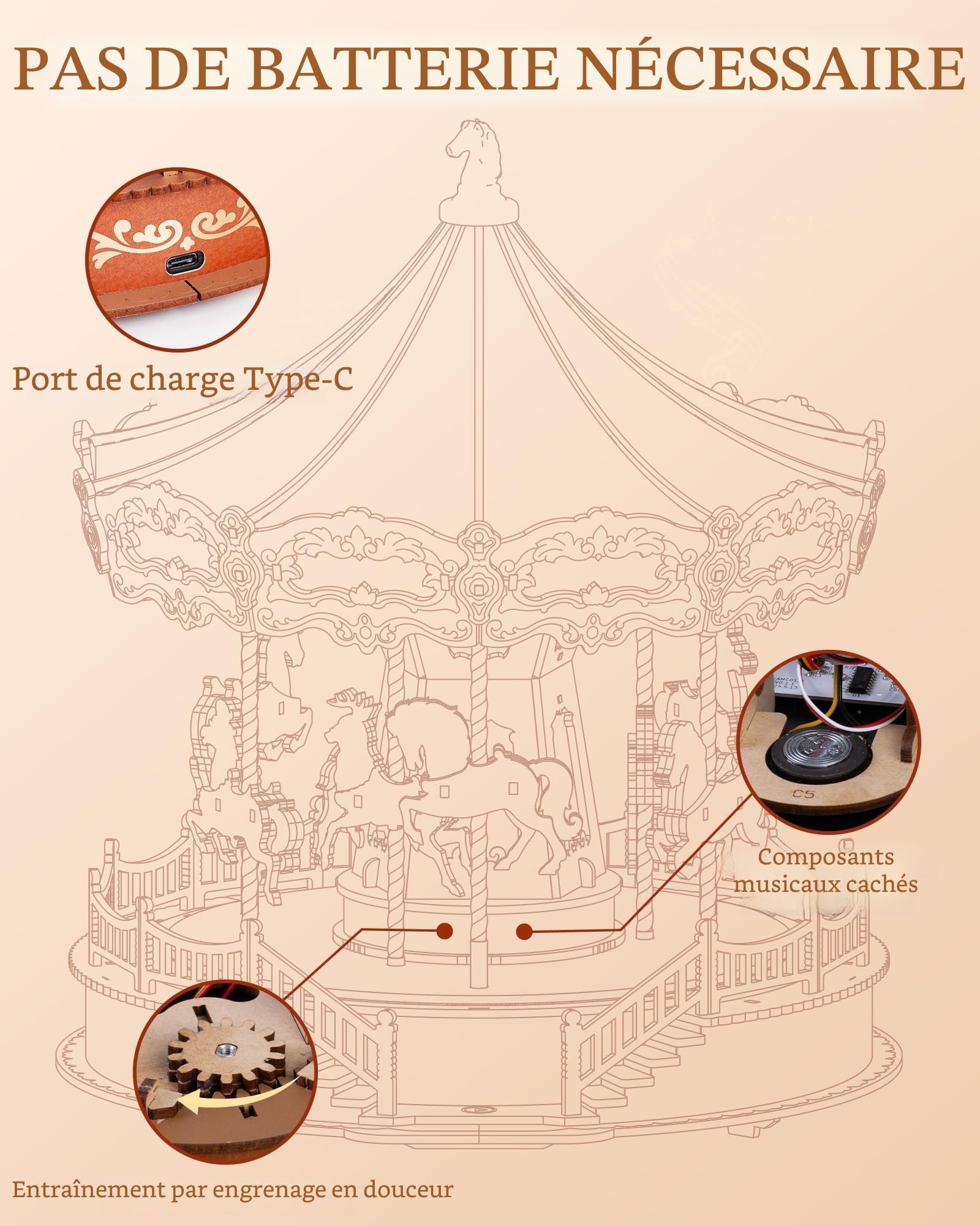 ROBOTIME Boîte à Musique carrousel Classique Puzzle en Bois 3D avec lumières LED, Maquette en Bois a Construire Kits de modélisme pour Adultes à Construire