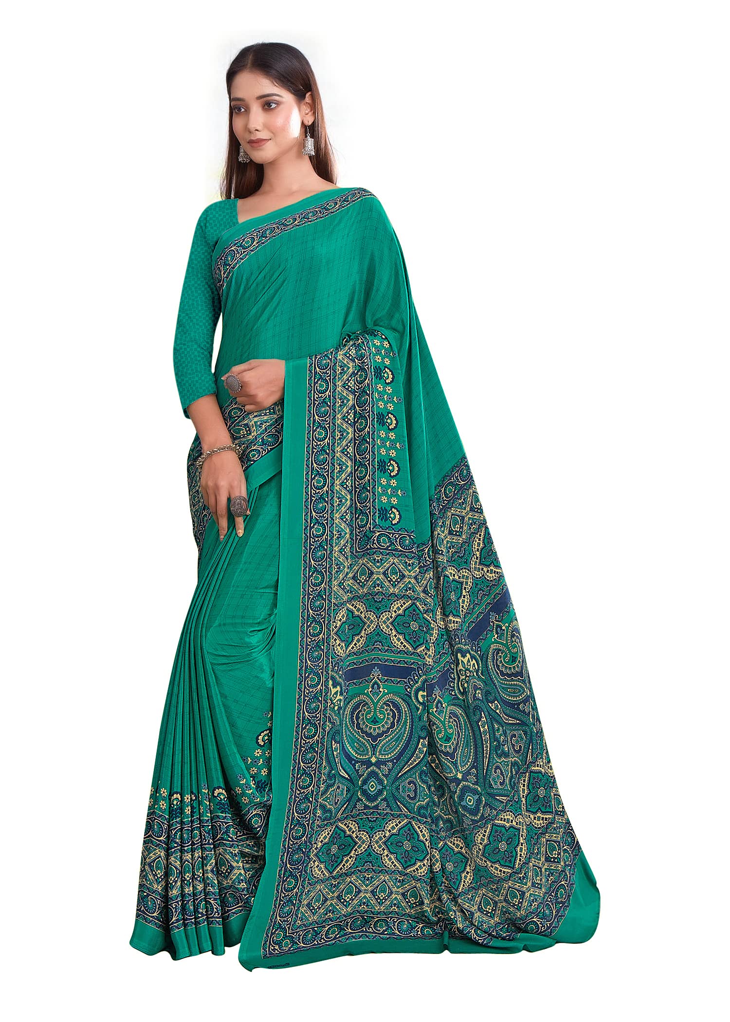 Jaanvi fashionWomen's Crepe Saree With Unstitched Blouse Piece(pearl-silk-9002-c)