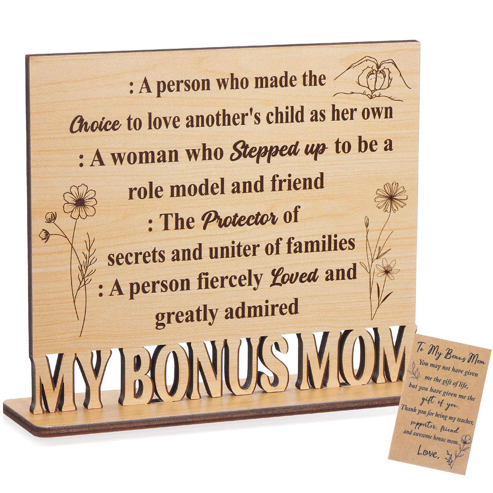 Qunclay Bonus Mom Gifts Wooden Standing Sign Plaque Gifts for Stepmom Adoptive Bonus Mom Definition Thank You Gift Desk Sign for Mothers Day Stepmother Birthday Christmas Gift