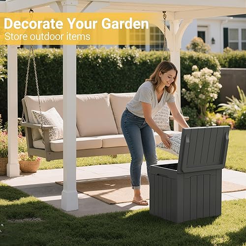 Vista 25 de Greesum Caja de cubierta de resina de 100 galones, gran almacenamiento al aire libre, textura de tejido de ratán de imitación para muebles de patio