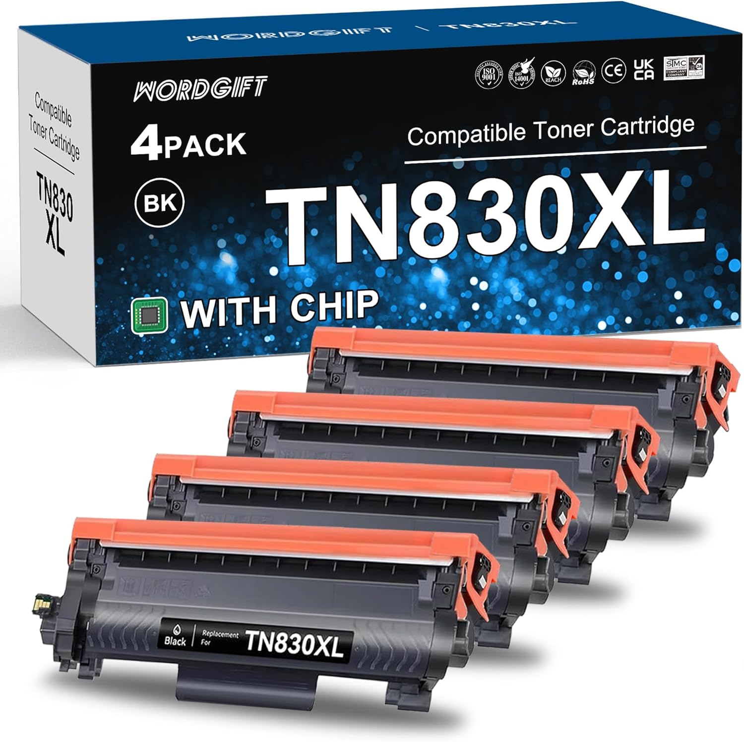 TN830XL Compatible Toner Cartridge Replacement for Brother TN830XL TN830 TN830 XL/v/r Toner Use with DCP-L2640DW HL-L2405W HL-L2460DW HL-L2480DW MFC-L2820DW (4-Pack, Black, with Chip)