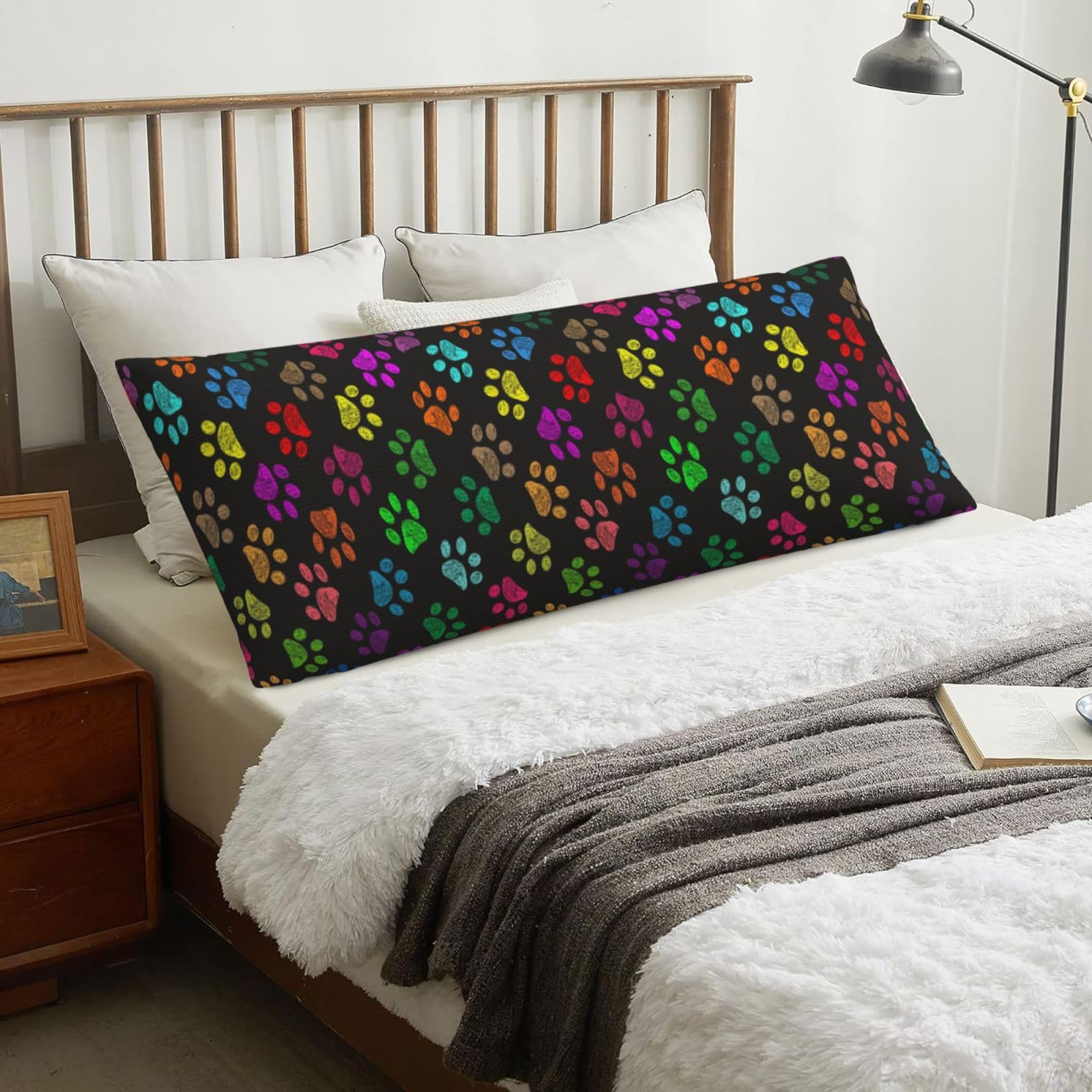 Doodle Paw Print Cat Dog Black, Body Pillow Cover with Zipper,Long Body Pillowcase 20 x 60 in