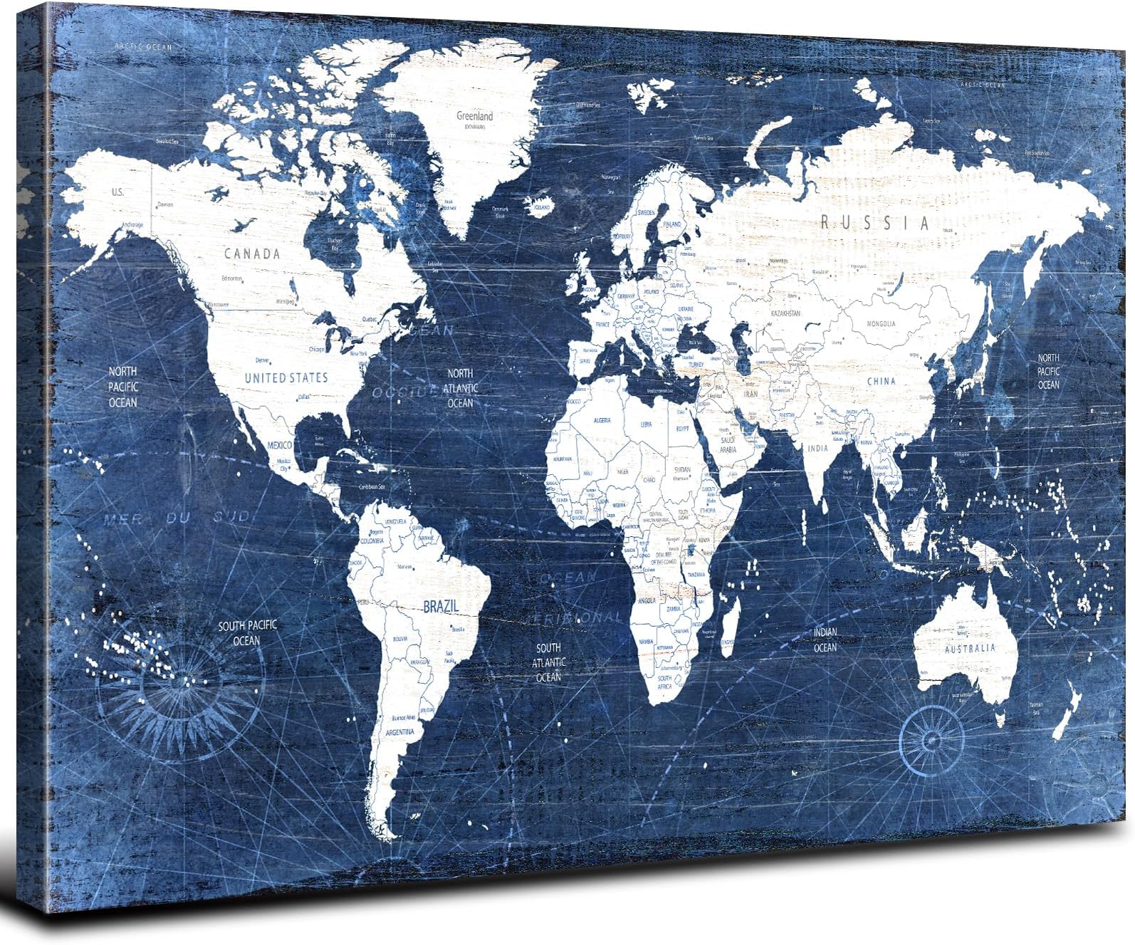 World Map Canvas Wall Art Office Wall Decor Modern Vintage Maps Picture Prints for Living Room Bedroom Retro Map of the World Painting Poster Navy Blue Artwork Framed Home Decorations 16x24” Gifts