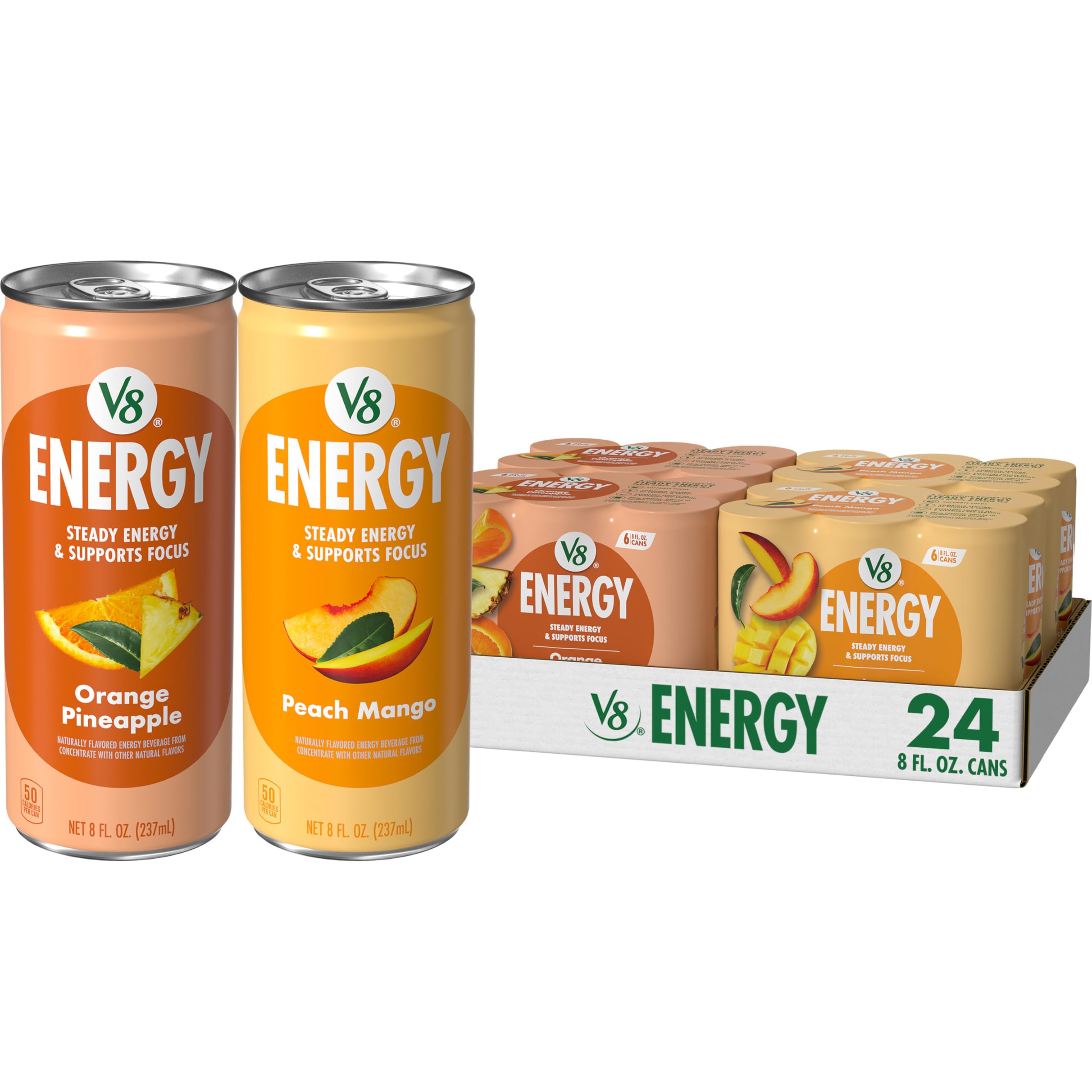 V8 Energy Peach Mango and Orange Pineapple Energy Drinks, 8 fl oz Can (24 Pack)(BB 4/12/25)