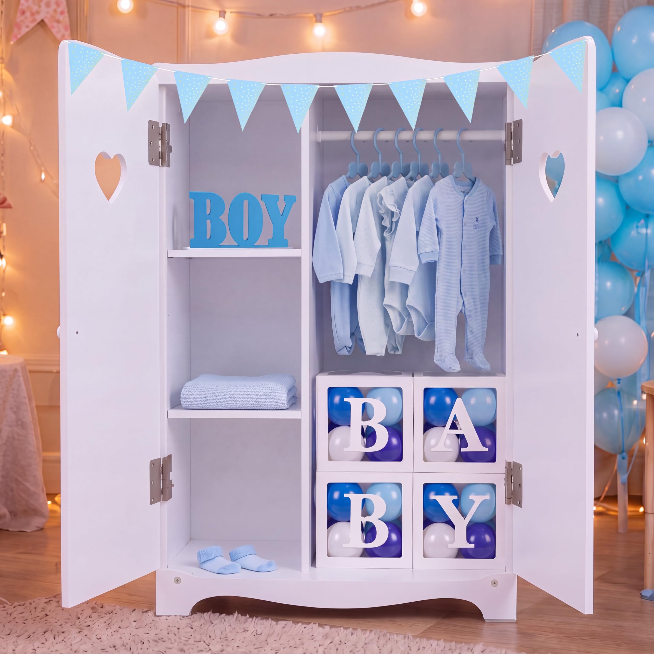 Junkin 64 decorazioni per armadio con scatole per baby shower, palloncini, grucce in plastica, striscioni per ragazzi o ragazze, decorazione da tavolo in legno, per lui o lei, rivelazione di genere