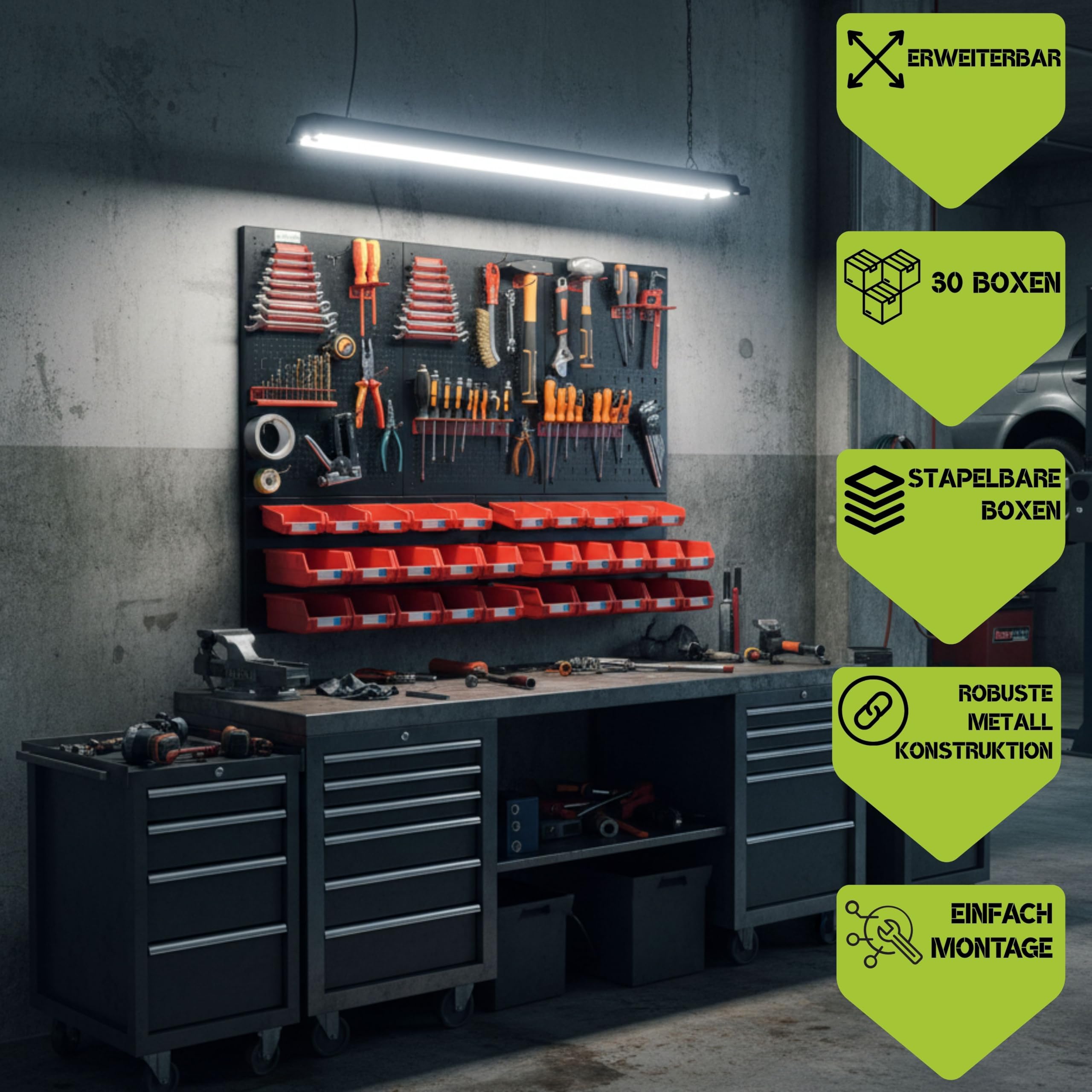 botle® Werkzeugwand Lochwand aus Metall, Stapelboxen + Wandregal + Werkzeughalter 57-tlg Set, Kleinteilelager, Wandwerkstatt mit 30 stapelbaren Rot Behältern, Hängeregal Sortierregal