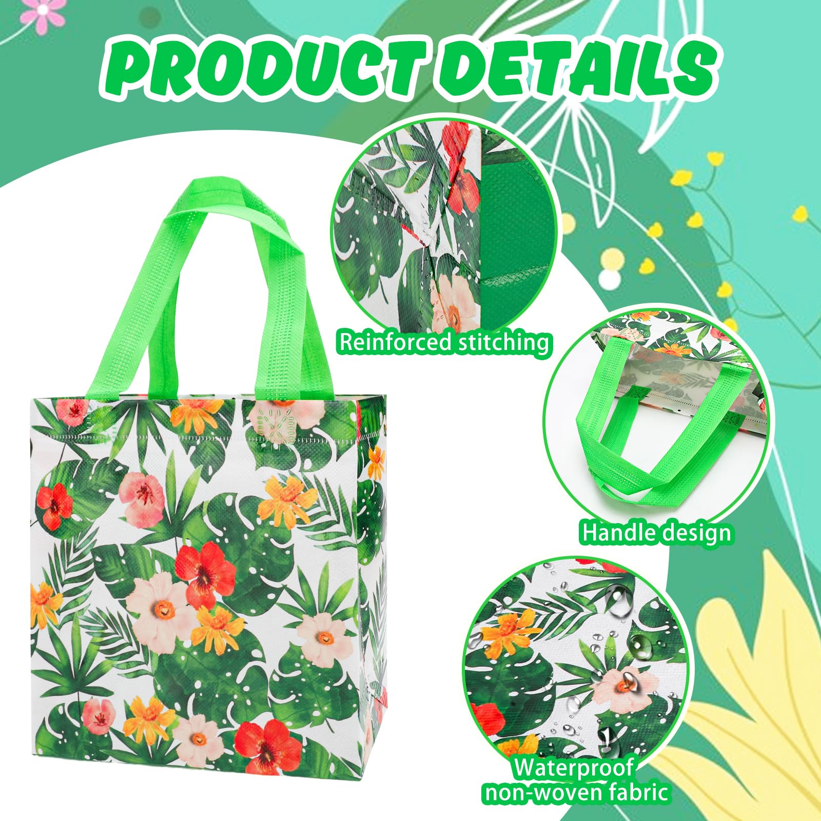 PHOGARY Reusable Gift Bag with Handle, 12PCS Hawaiian Aloha Bags, Non Woven Tropical Hawaii Luau Goodie Bag for Summer Beach Pool Birthday Party Favor Bags