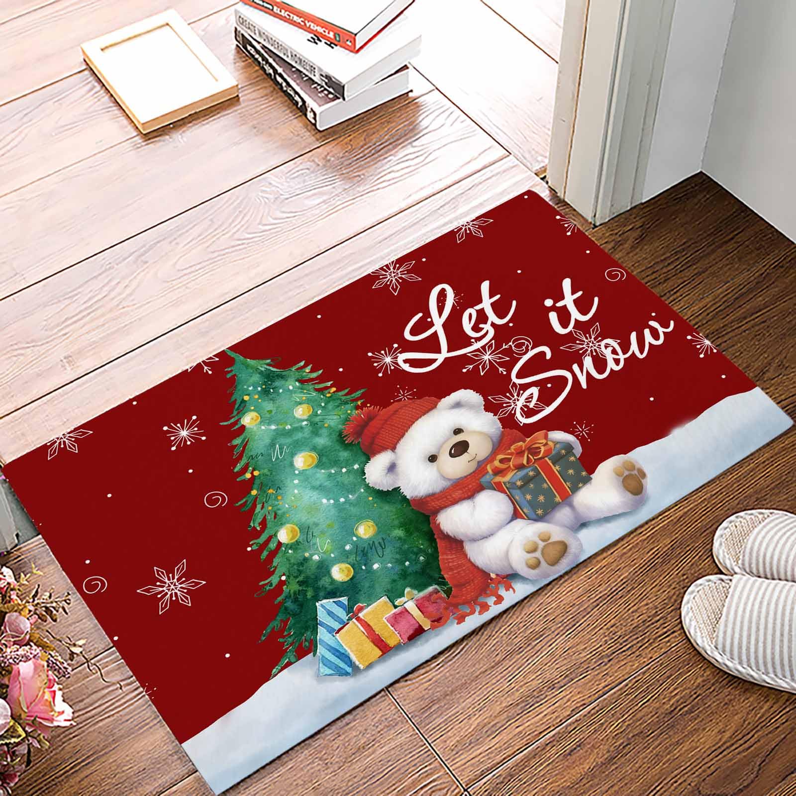 Christmas Welcome Doormat - Indoor/Outdoor, Snowflake Design, Washable, Non-Slip, Red, 20x32 Inches