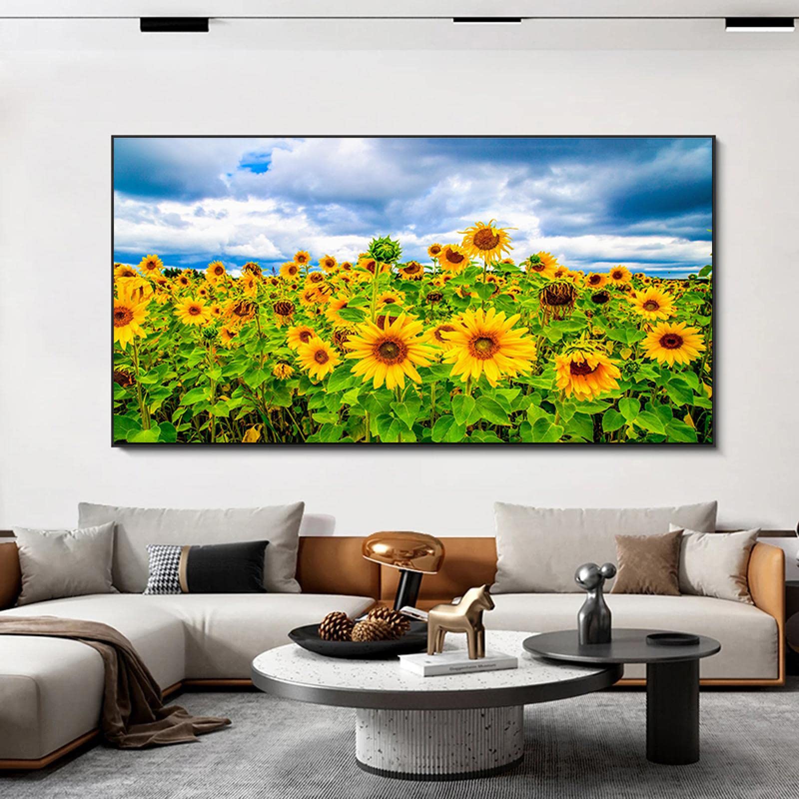 BIEMBI Paisaje Campos de girasol Cielo azul Nubes Pintura en lienzo Carteles nórdicos e impresiones Arte de la pared Imágenes Decoración para el hogar Obra de arte Marco de 50x100 cm