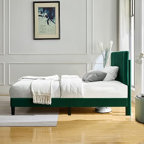 Miniatura 4 de Sunrise Coast Base de cama tamaño matrimonial con cabecero tapizado de terciopelo verde, soporte de listones de madera + marco de hierro, base de