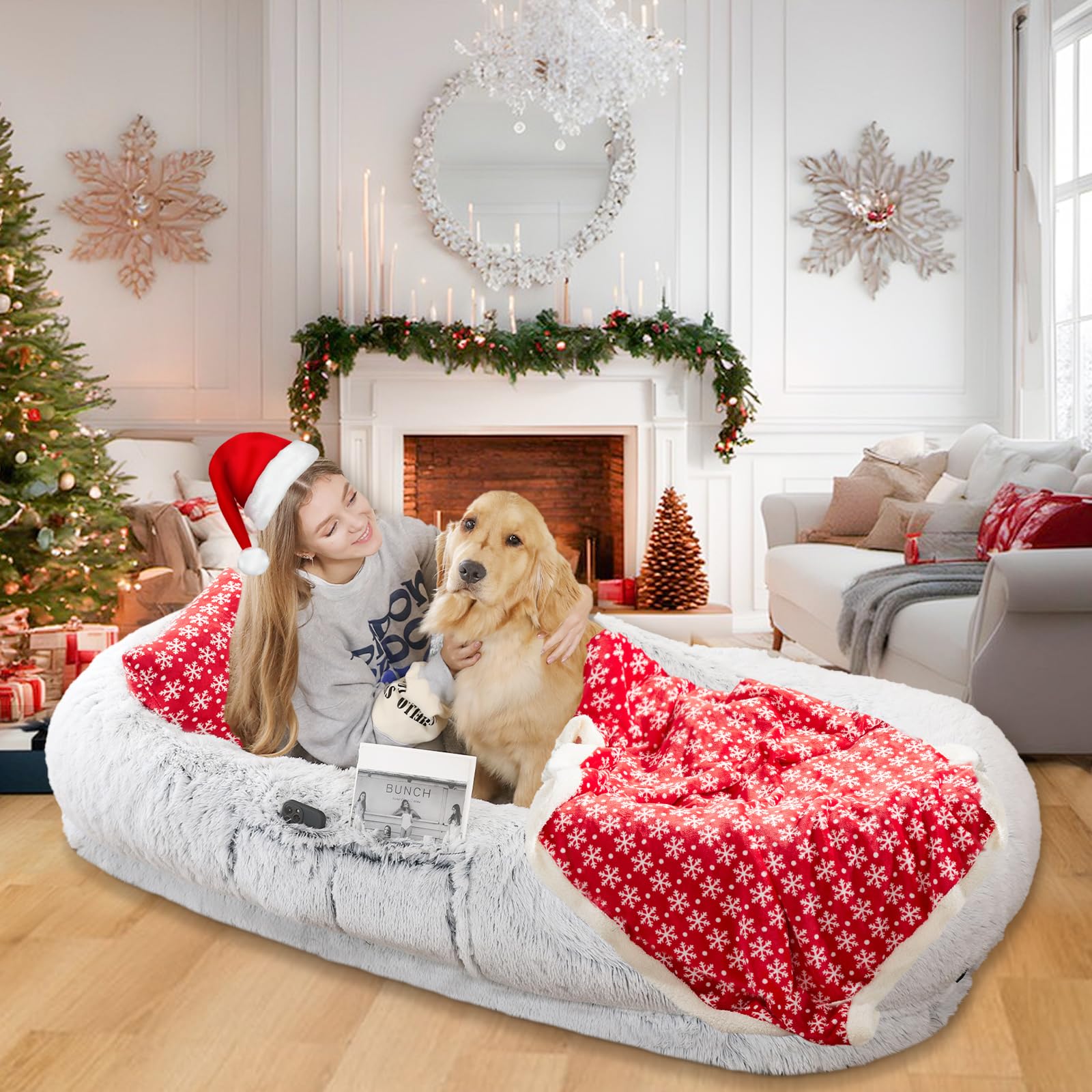 Human Dog Bed, 71"x45"x14" Dog Beds for Humans Size Fits You and Pets, Washable Human Dog Bed for People Doze Off, Napping Orthopedic Bed, Present Plump Pillow, Blanket, Strap - Grey