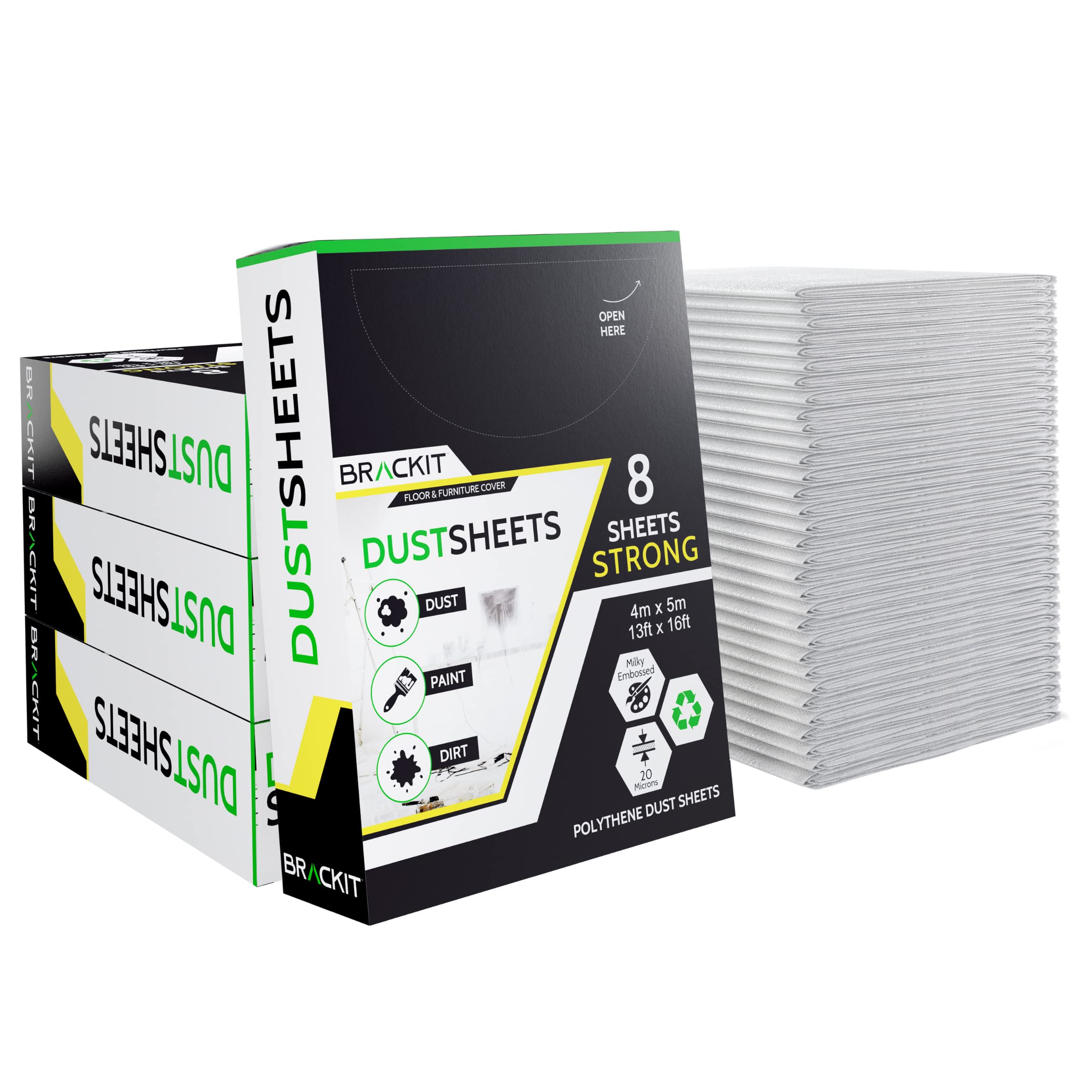 Brackit 32 Super Pack - X Large Plastic Dust Sheet for Decorating - 5 x 4m (16 x 13ft) - 20 Micron - Embossed White Plastic Sheets for Painting - Waterproof Plastic Sheets for Painting & Covering