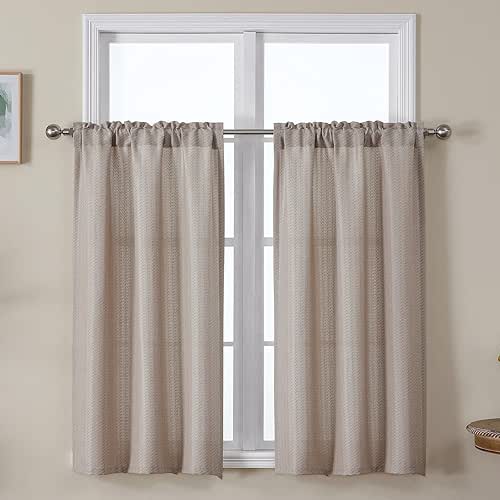 Linen Kitchen Curtains 45 Inch Length, Semi Sheer Faux Linen