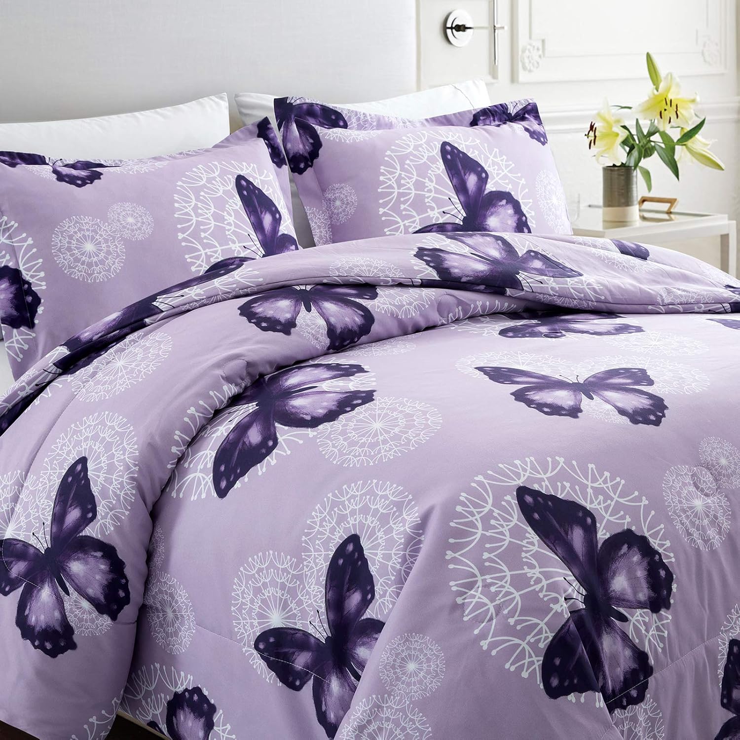 ARTALL Lightweight Microfiber 3 Piece Comforter Set with 2 Shams, Butterfly Pattern Bedding Set, Full/Queen, Purple - Image 3