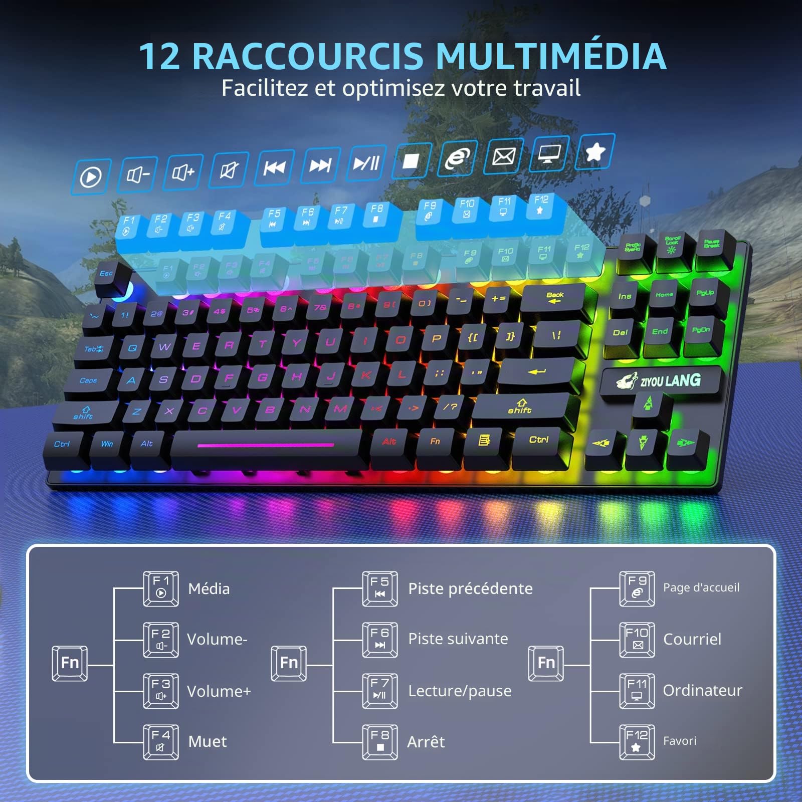 T87 Clavier sans fil 87 touches + souris optique LED arc-en-ciel 2400 DPI 6 boutons – Clavier mécanique rétroéclairé arc-en-ciel avec tapis de souris de jeu gratuit (noir)