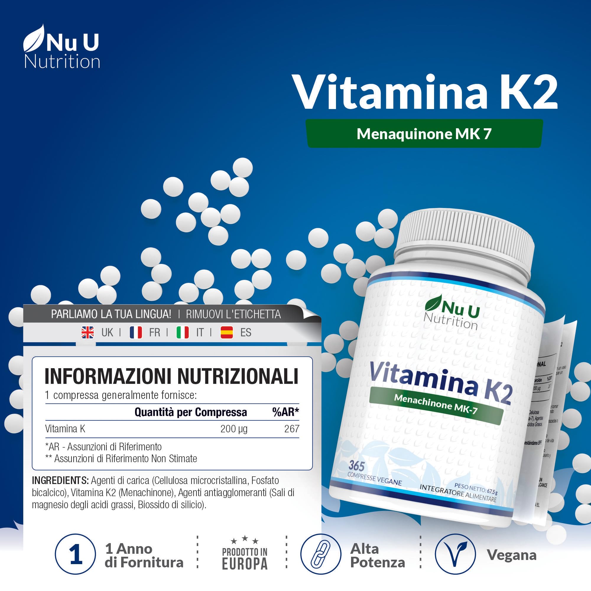 Vitamina K2 MK7 200mcg - 365 Compresse Vegane - 1 Anno di Scorta - Alta Concentrazione di Vit K Menachinone MK-7 da Natto - Prodotto in Europa - Nu U Nutrition