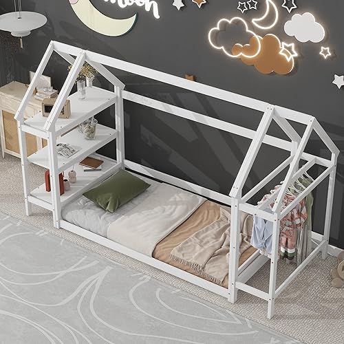 Miniatura 1 de Cama individual en forma de casa con 2 soportes desmontables, marco de cama en forma de casa de madera maciza para dormitorio de niños y niñas,