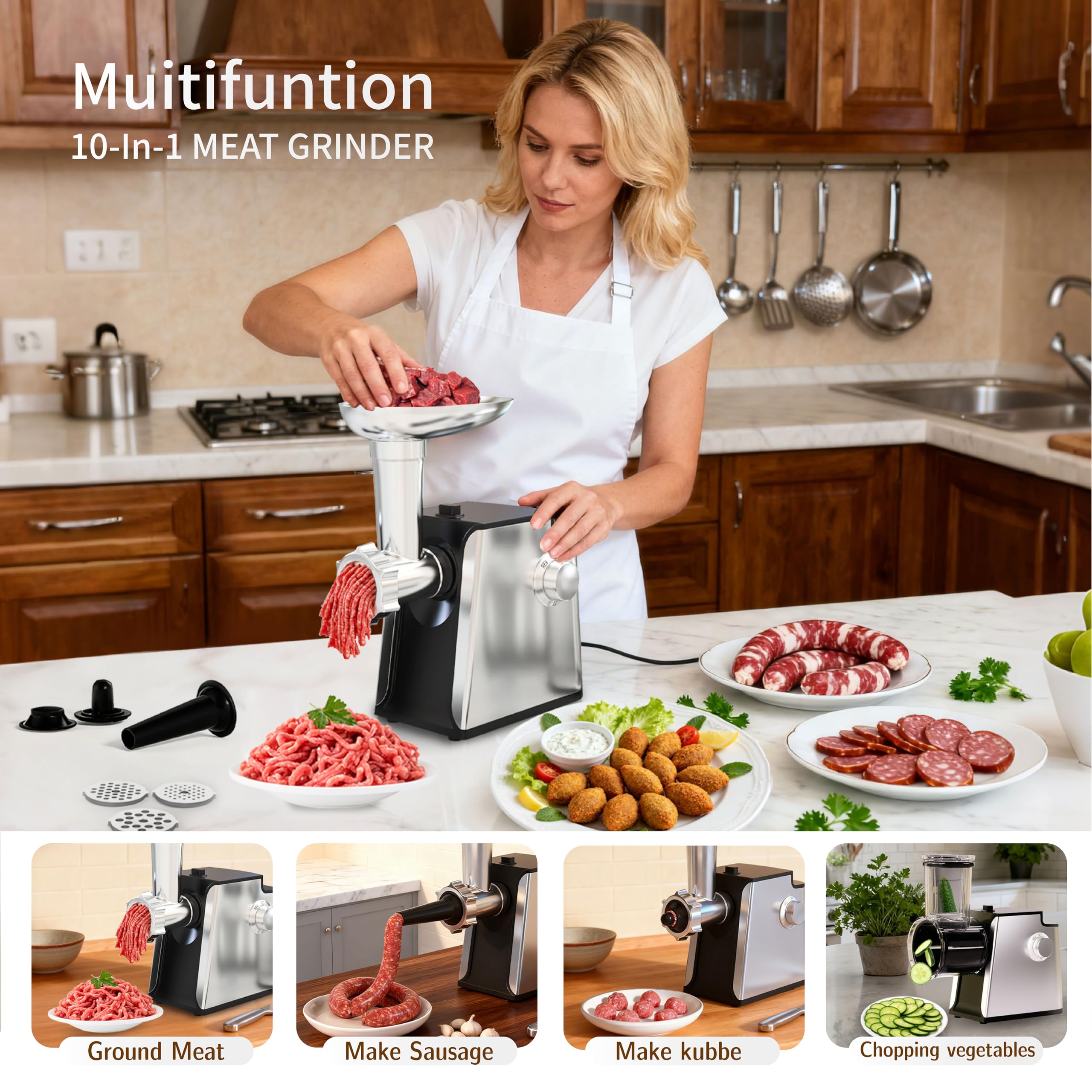 Electric Meat Grinder 2800W Sausage Stuffer Maker 4-In-1 Vegetable Shredder With 3 Slice, Shred Blades,5 Blades,Sausage Stuffer,Kubbe Kit For Home Kitchen Use