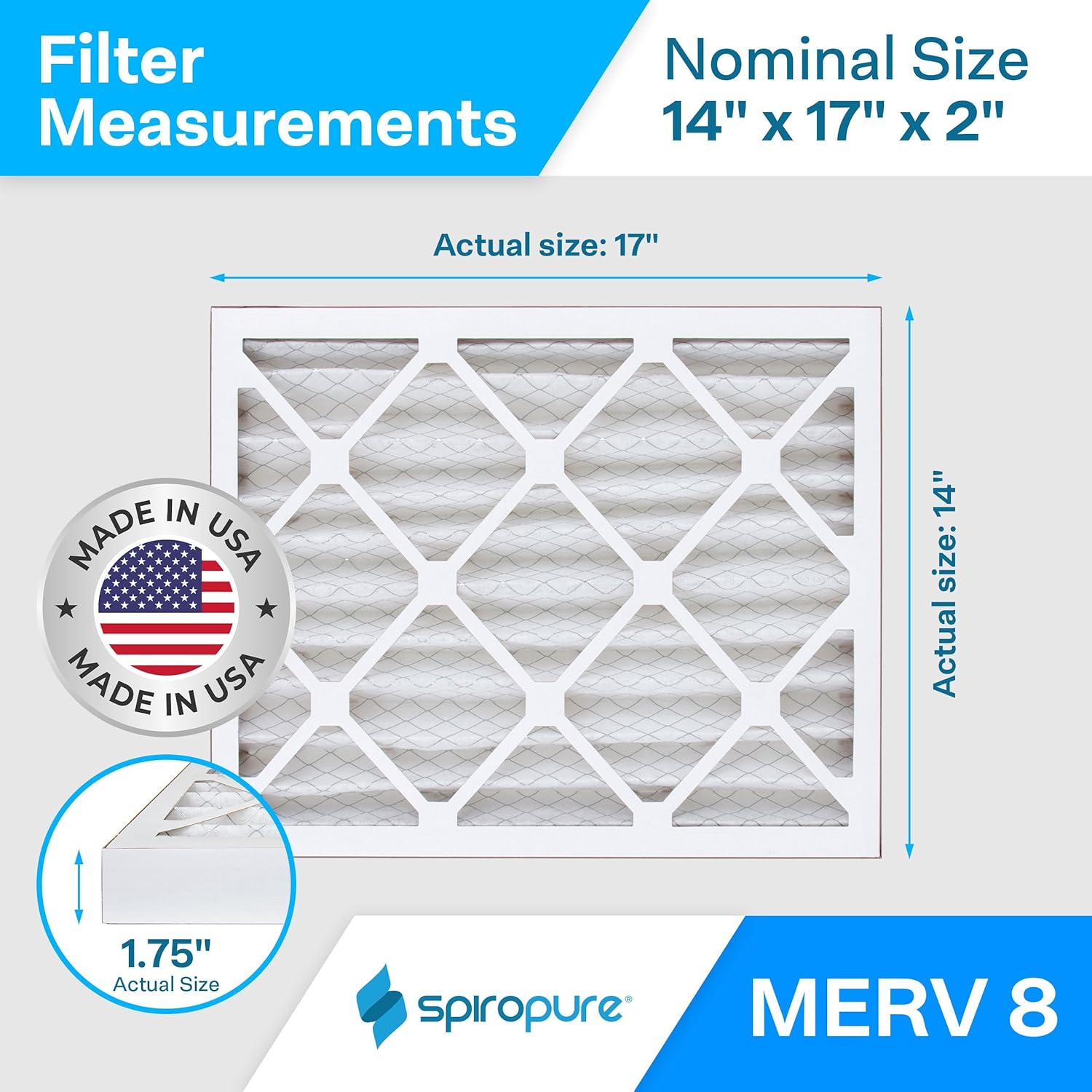 SpiroPure 14X17X2 MERV 8 Geothermal Air Filters - Made in USA (6 Pack)