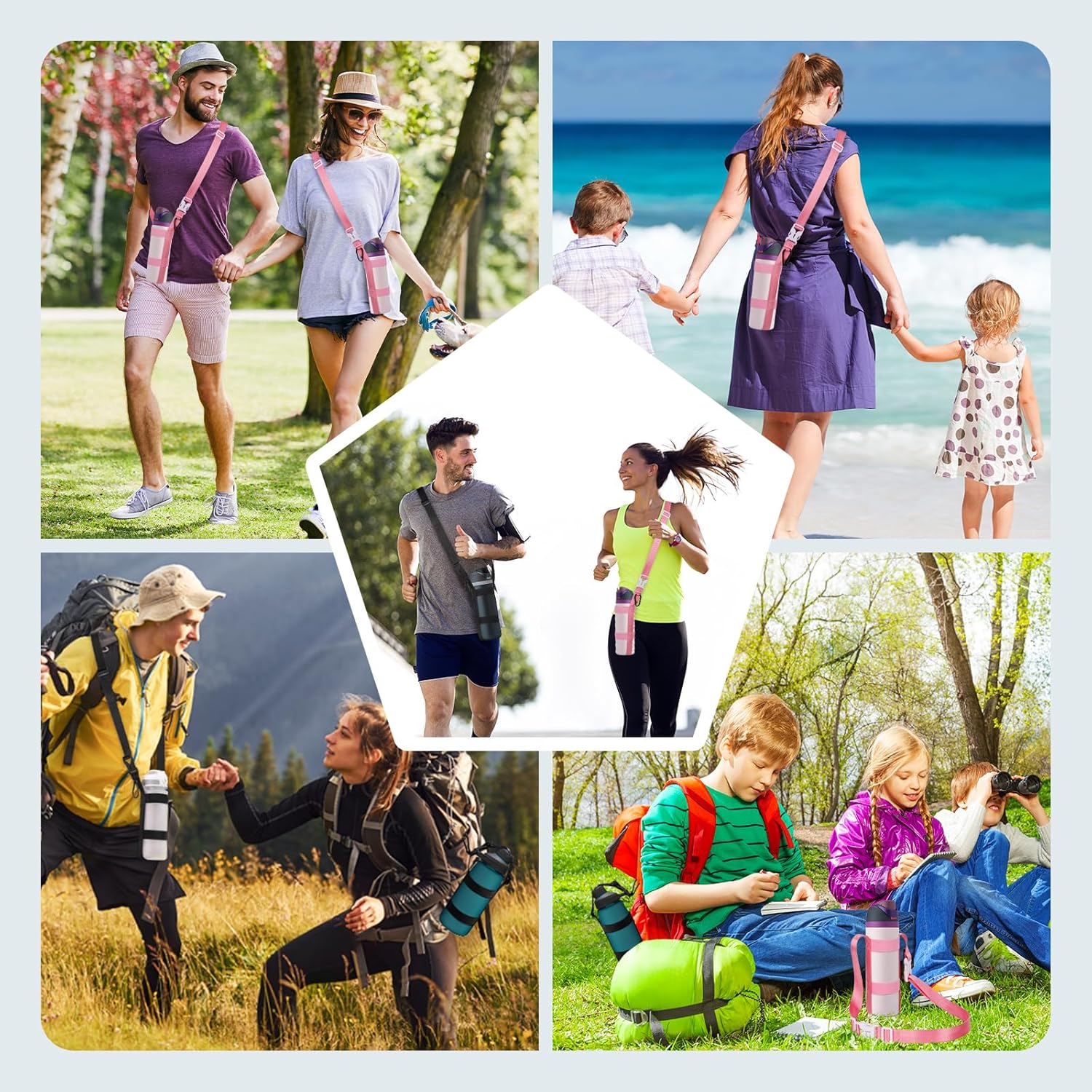 Water Bottle Holder Strap, for Owala Hydro Flask IRON °FLASK 16oz/24oz/32oz/64 oz Universal Water Bottles, with Carabiner，Phone Wrist Strap & Tether Tab, Hand Free for Hiking Travelling Camping - Image 4