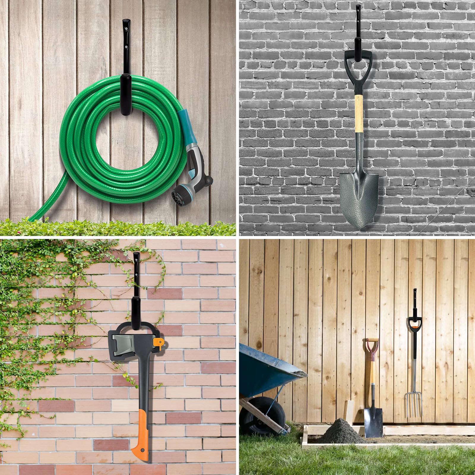 KURUI Ganchos de pared para organización de garaje de 10 pulgadas, soporte de manguera de agua resistente de 66 libras para colgar escaleras, cable de extensión, cable de herramientas de jardín, 4