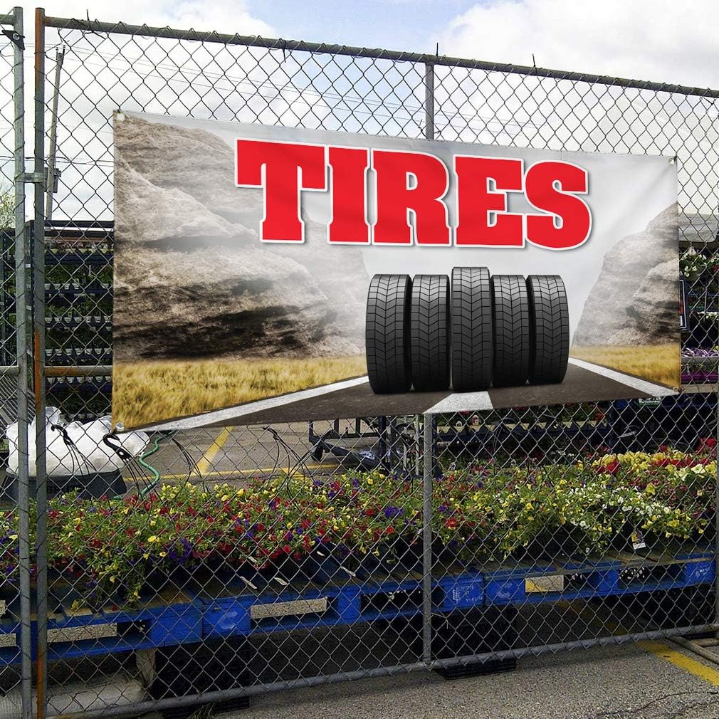 Vinyl Banner Multiple Sizes Tires Outdoor Advertising Printing G Automotive Outdoor Weatherproof Industrial Yard Signs Black 4 Grommets 16x40Inches