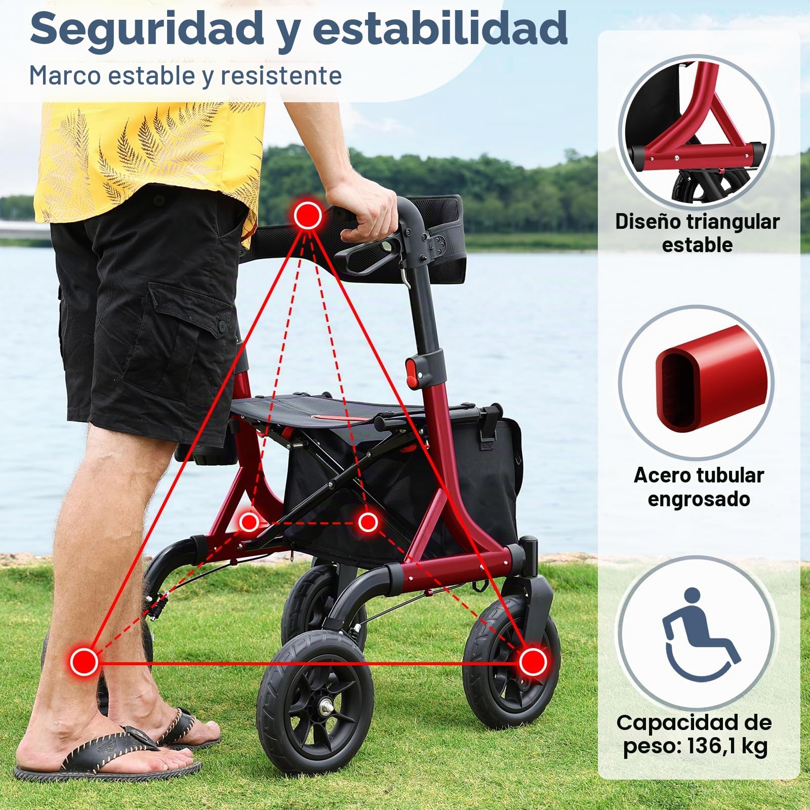 MAXWALK Andador para Ancianos con Ruedas Grandes 25 cm Todo Terreno, Andador Plegable Ligero con Asiento y Altura Ajustable, Andadores Estrechos para Apartamentos- Andadores Adultos (Rojo)