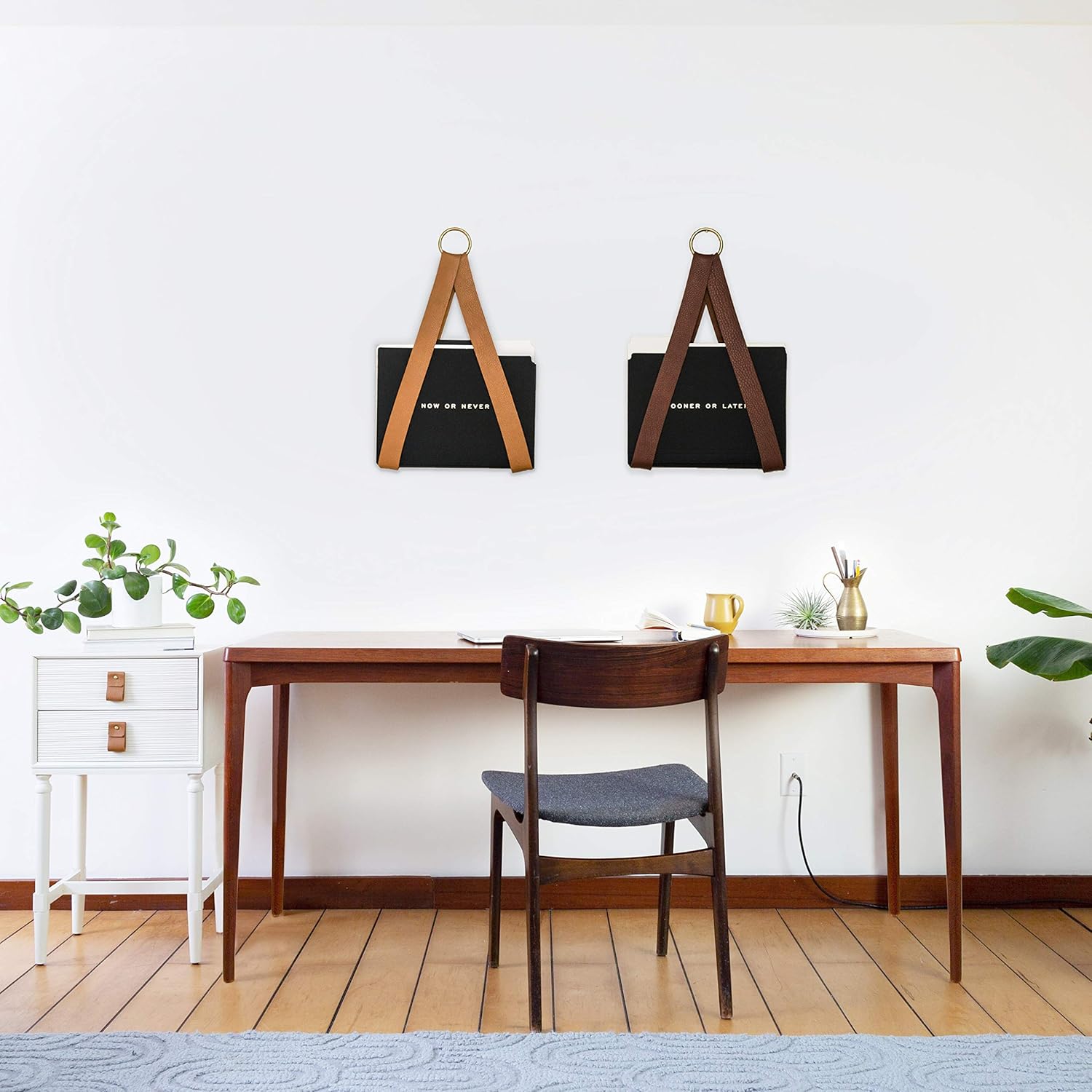 KEYAIIRA - Leather Hanging File Holder - File Storage Organizer Wall Hung Magazine Rack File Holder for Wall Organization Office Decor Storage Strap Mail Wall Mount, Vinyl Record, Media Storage