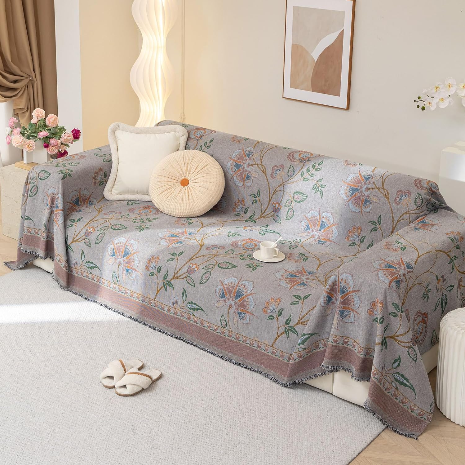 HANDONTIME Chenille Couch Cover Blanket Vintage French