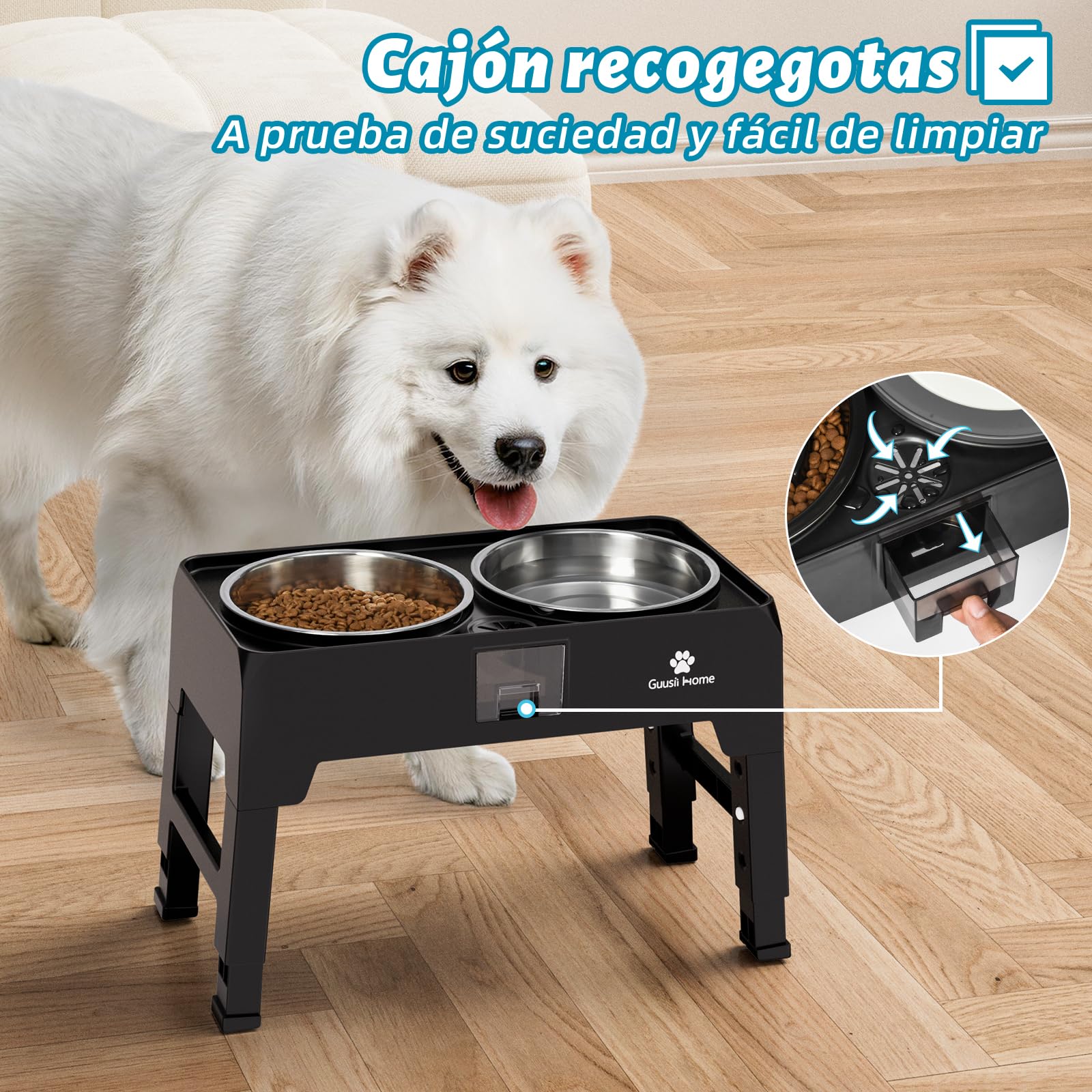 GUUSII HOME Comedero Perro Elevado Grande Cuenco Alto Perro Soporte Comederos y Bebedero para Perros Grandes Elevador Bol Altura Ajustable 43.5 * 24.4 * 12/25.7/29.7/33.7cm 2000ml Elevated Dog Bowl