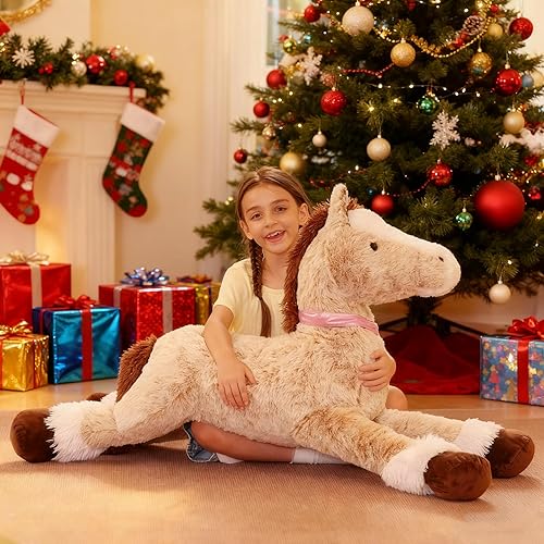 Miniatura 3 de Peluche de caballo gigante de 47 pulgadas, almohada de peluche gigante de caballo marrón suave y realista de 4 pies, regalo para niñas y niños