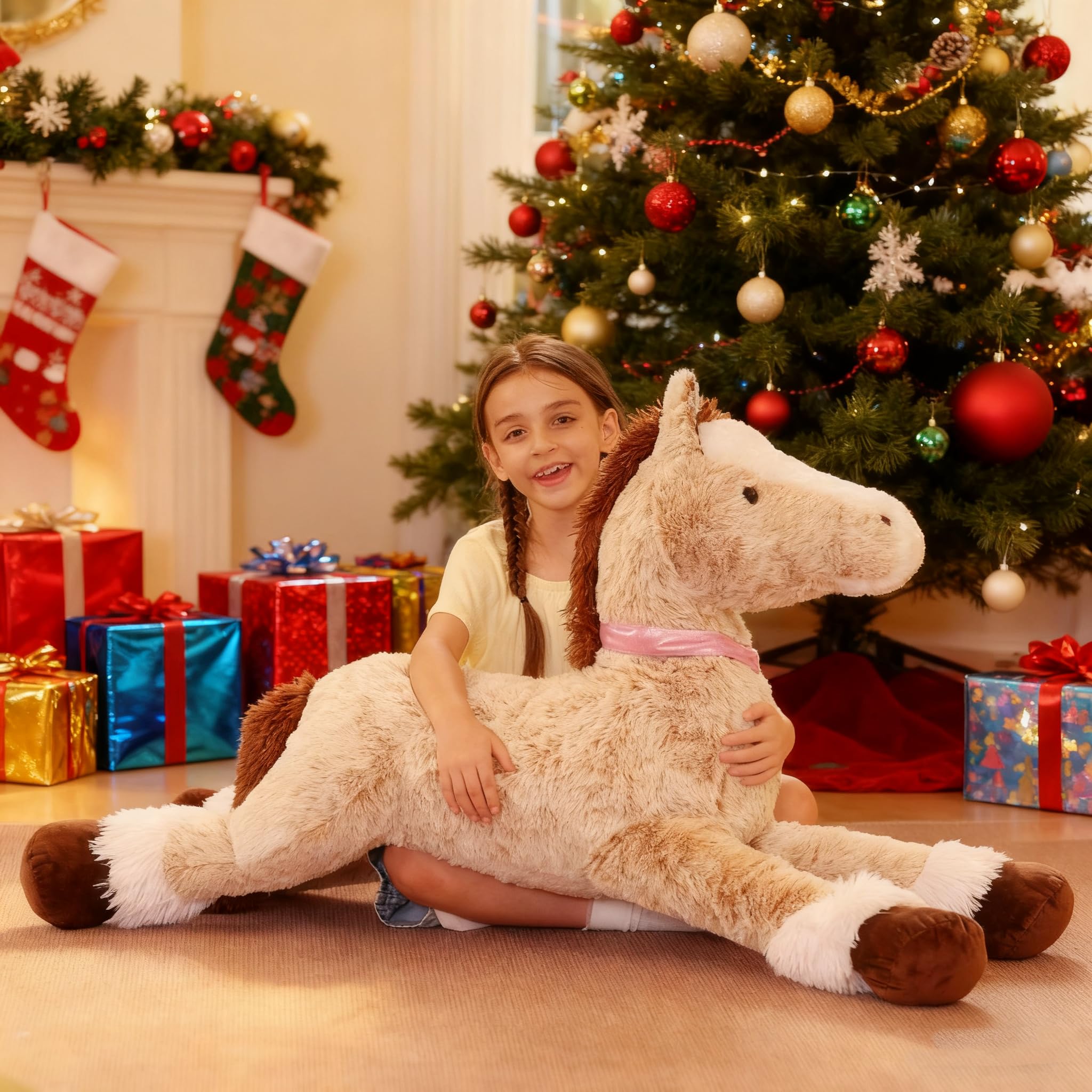 47 Inch Giant Horse Stuffed Animal, Hugging 4ft Giant Soft Brown Horse Plush Body Pillow, Realistic Large Stuffed Pony Plush Toy Gift for Girls Boys 3