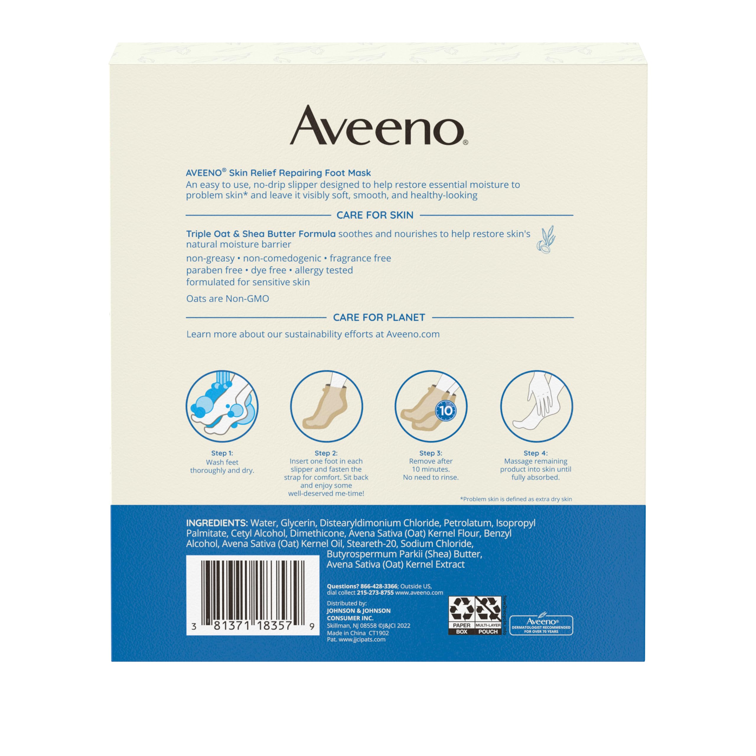 Aveeno Skin Relief Repairing Foot Mask with Prebiotic Oat & Shea Butter, 6 Pairs
