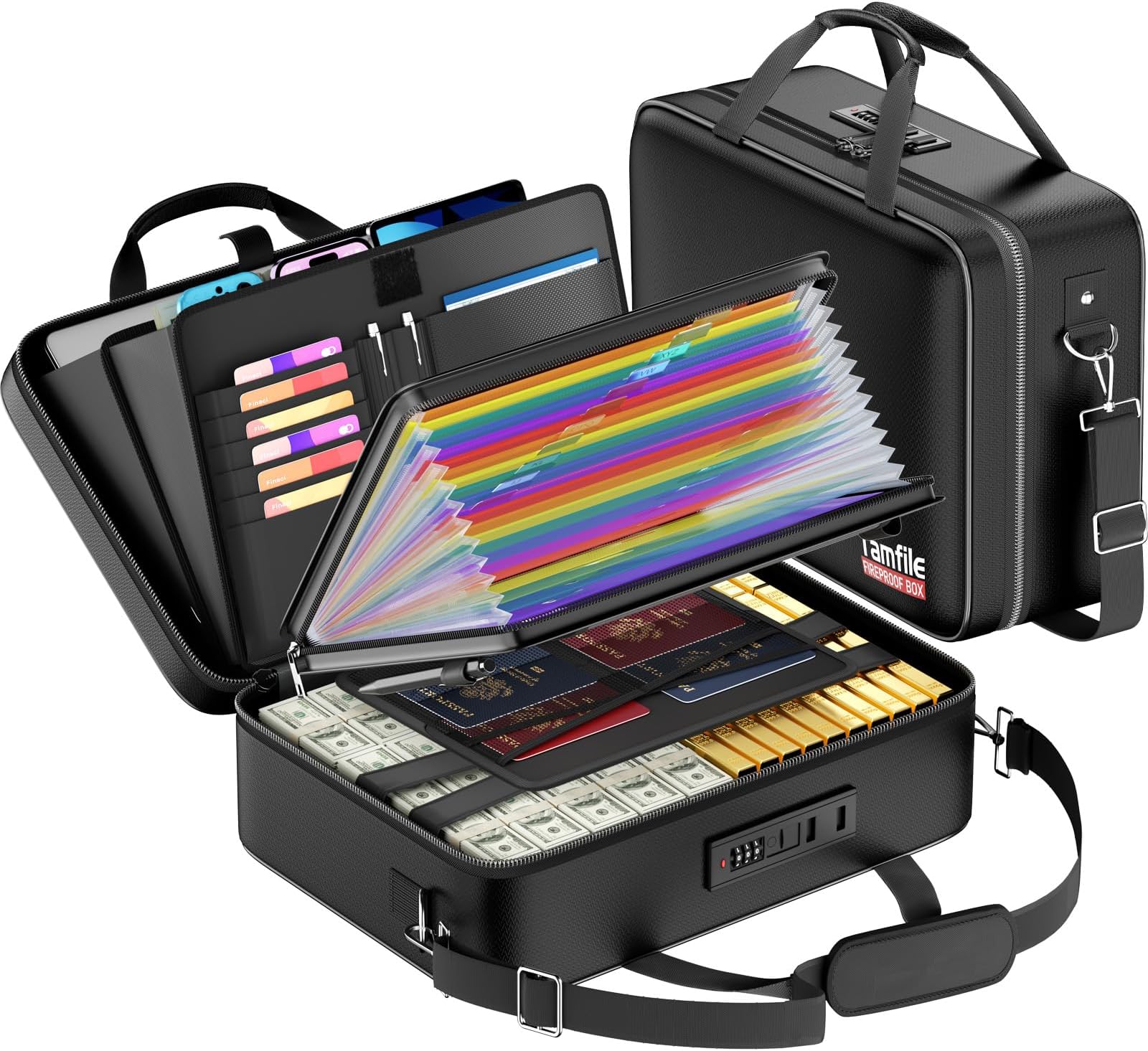 Tamfile Fireproof Document Box with Lock, Hard Case Fireproof Water Resistant File Organizer with 24 Colorful Pockets,Fire Safe Box for Important DocumentsใValuablesใLaptopใPassports (Black)