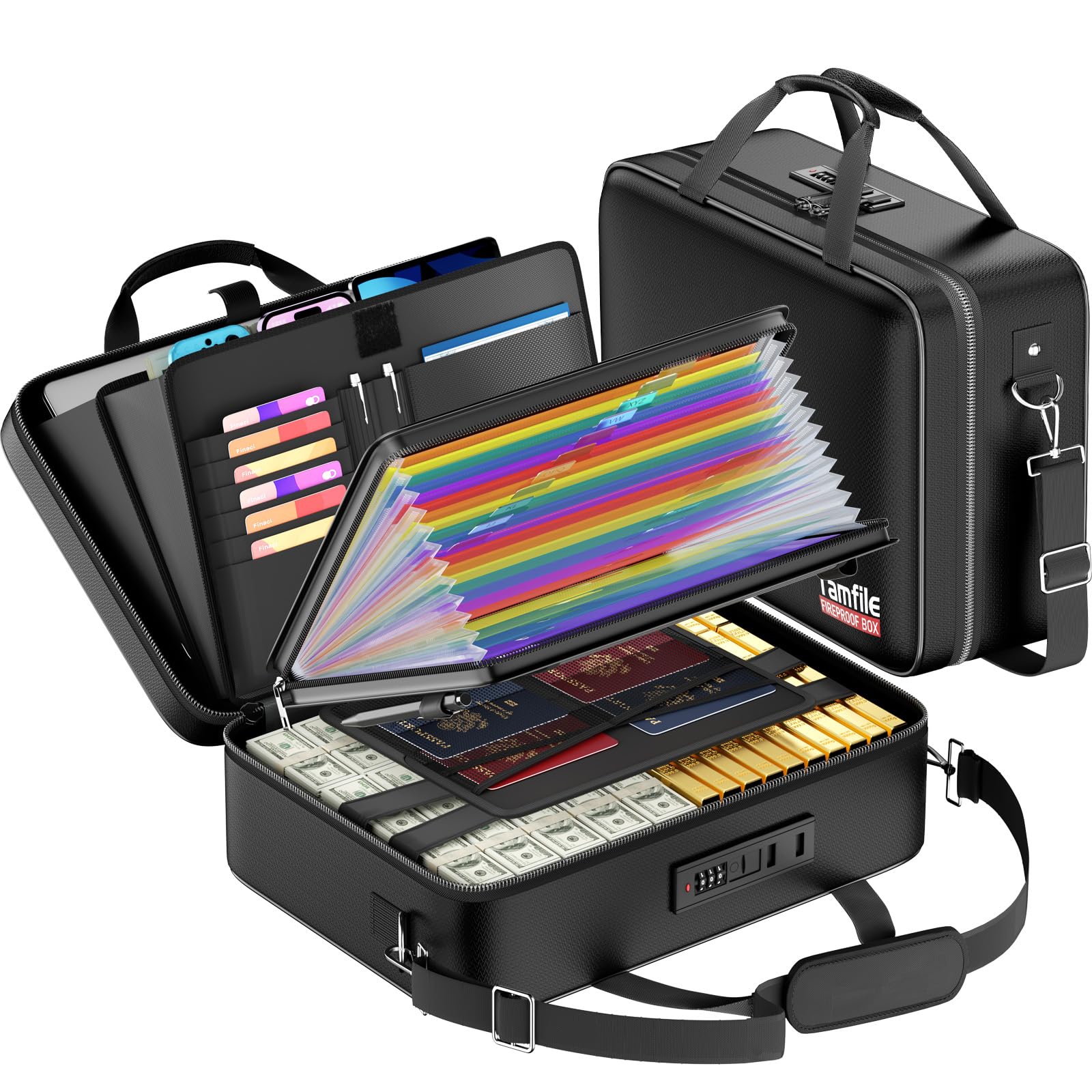 Tamfile Fireproof Document Box, Hard Case File Organiser Bag with Lock, Water Resistant File Storage Safe Box with 24 Pockets Colorful for Important Documents, Valuables, Laptop, Passports, Black