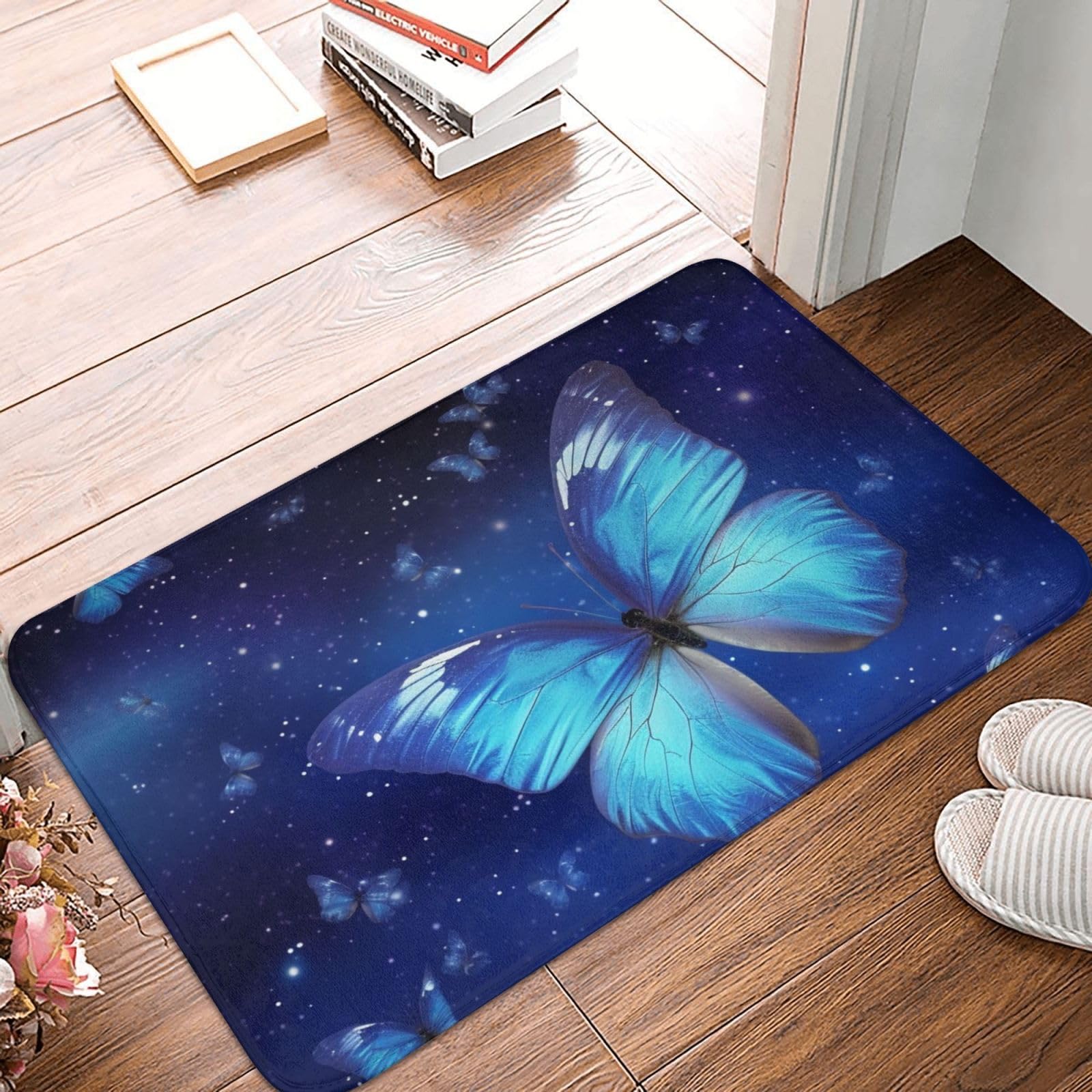 Blue Starry Butterfly Door Mat Indoor Outdoor Doormat Non-Slip Entryway Mat Absorbent Mud Trapper Mats Heavy Duty Welcome Mat Washable Flannel Bath