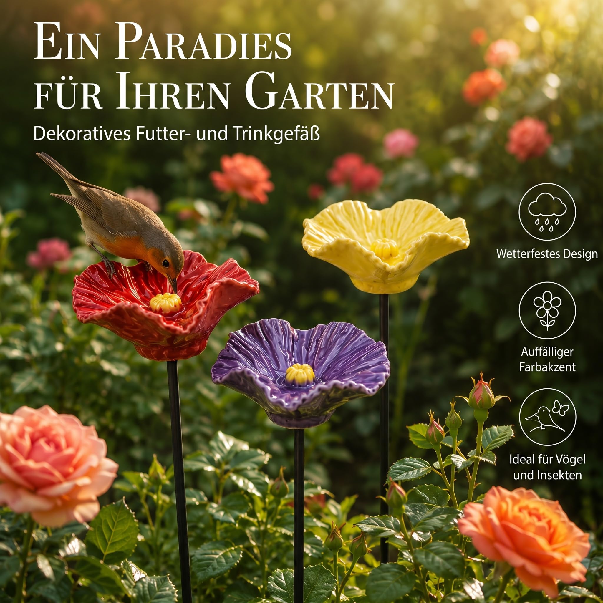 Vogeltränke Blume Bienentränke Keramik Handgemacht 4er Set Wetterfeste Blütenschalen auf Metallstäben für Garten Balkon und Beet Wasserstelle für Bienen Insekten und Vögel (4 Blüten)