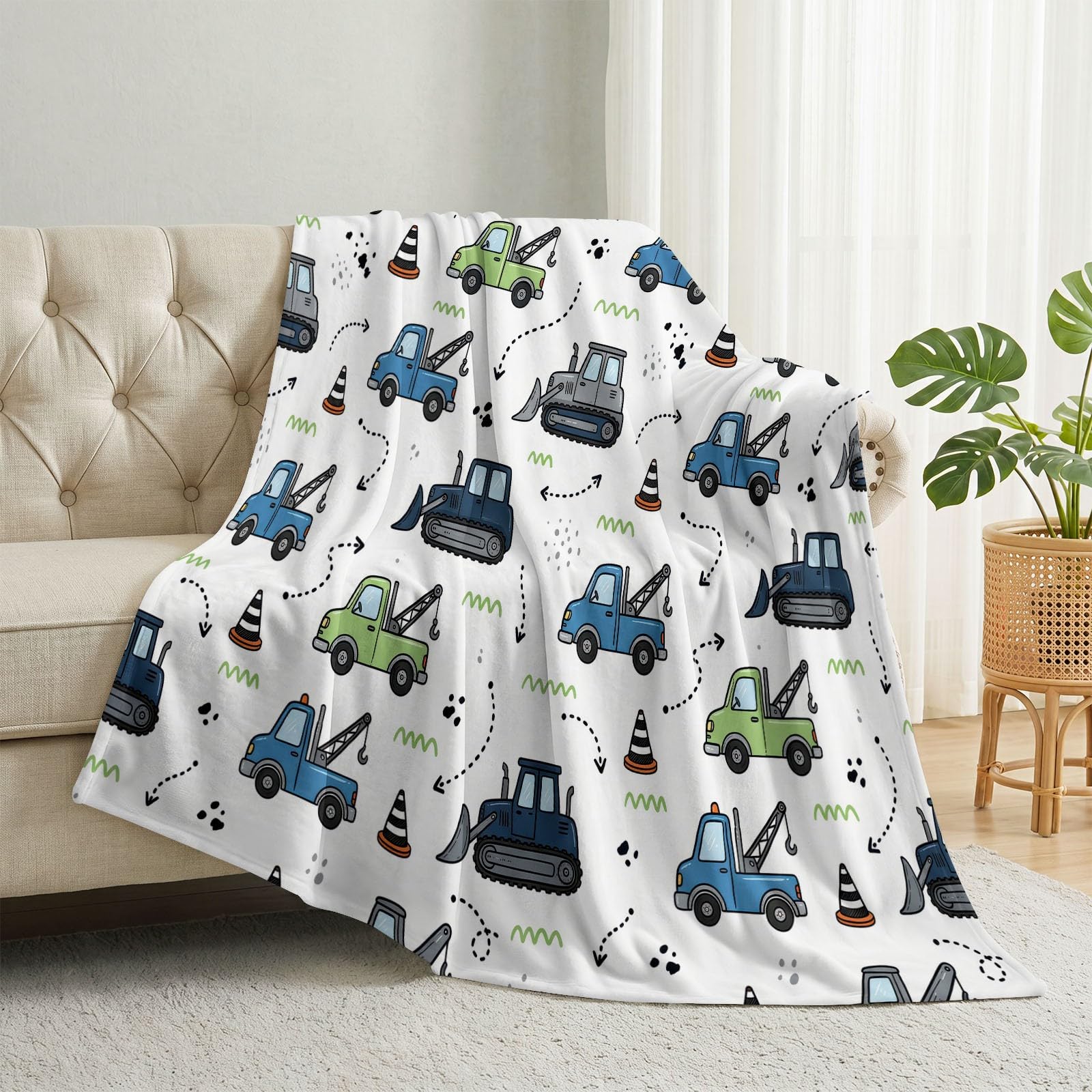 Manta mullida de 180 x 200 cm – Manta de franela suave de dibujos animados nórdicos reversible para sofá, sofá, vehículo de construcción, líneas flechas, manta de forro polar