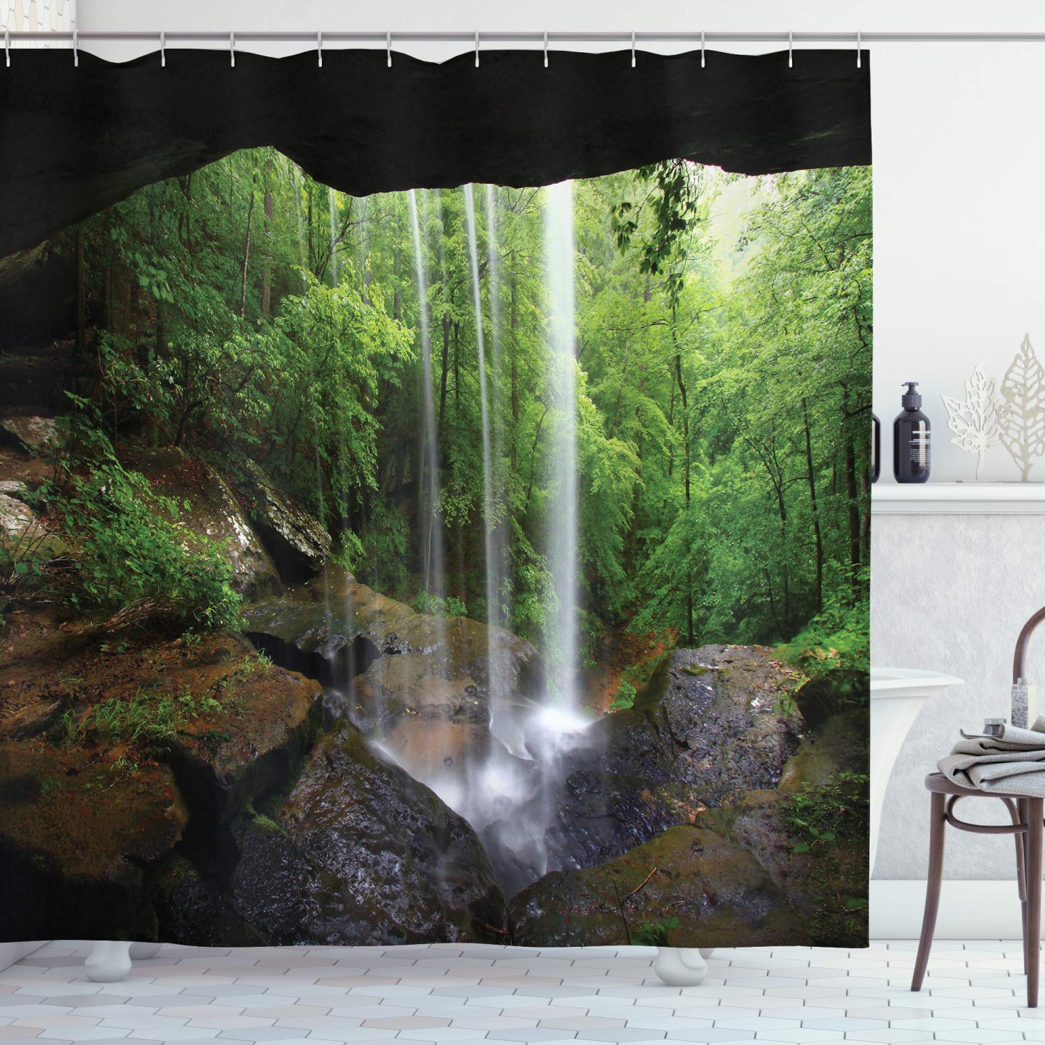 ABAKUHAUS Natural Cave Shower Curtain, Still Waterfall in the Forest in Northern Alabama Habitat Ecosystem Scenery