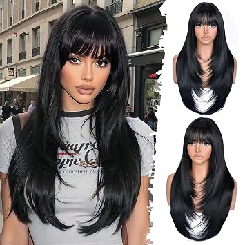 Long Layered Black Wig with Bangs Straight Synthetic Wigs for Women 26 Inch | Beginner Friendly Realistic Scalp Wig for Daily and Cosplay Wear Women Funny Wig for Party Halloween Costume Events Wear