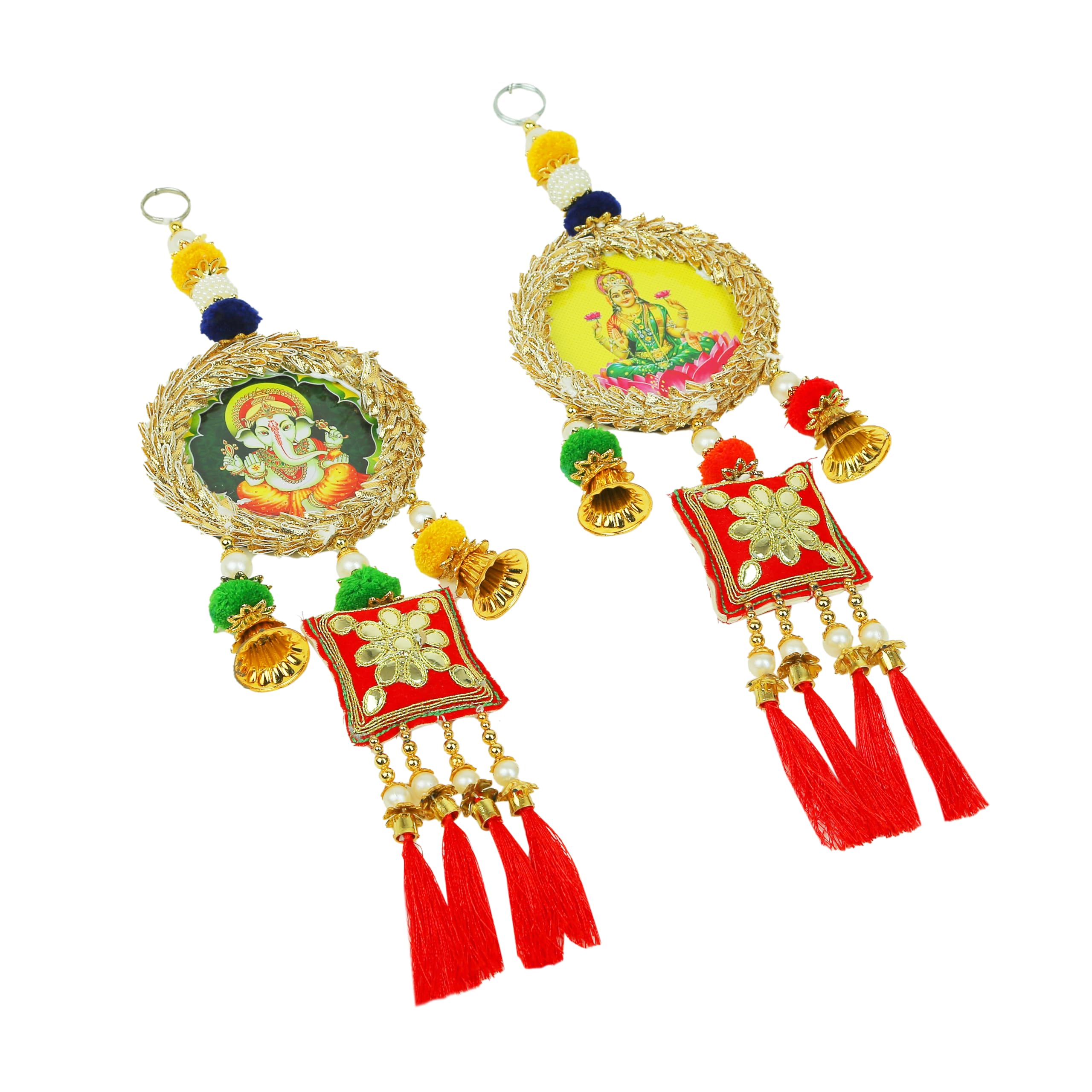 Auspicious Shubh Labh Hanging Laxmi Ganesh Bandanwar Door Round Wall Hanging for Handcrafted Square Pom Pom with Tassels Valance Home Showpiece for Indian Traditional Decoration(Size:-14